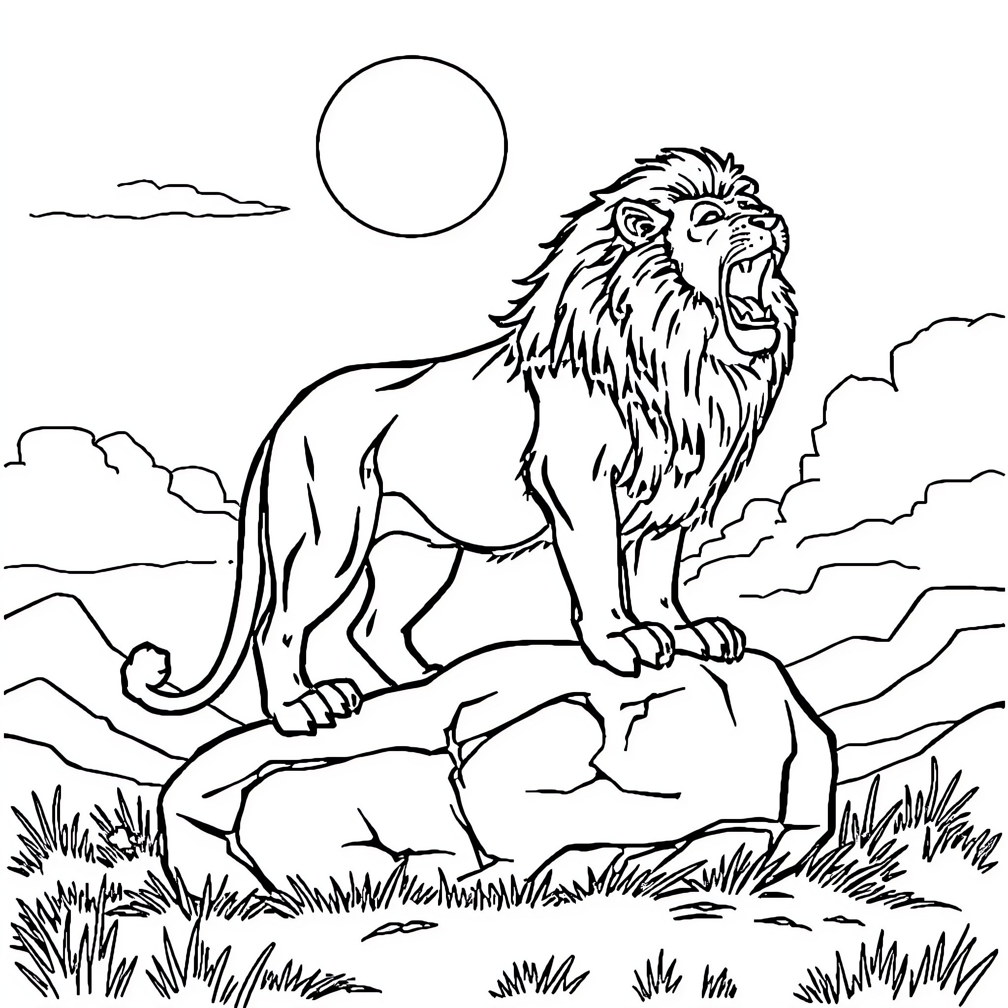 Lion roaring atop rocky outcrop in the wilderness Coloring Page (free black-and-white line drawing printable PDF for all, from beginners to advanced learners, including children, teens, adults, and seniors)