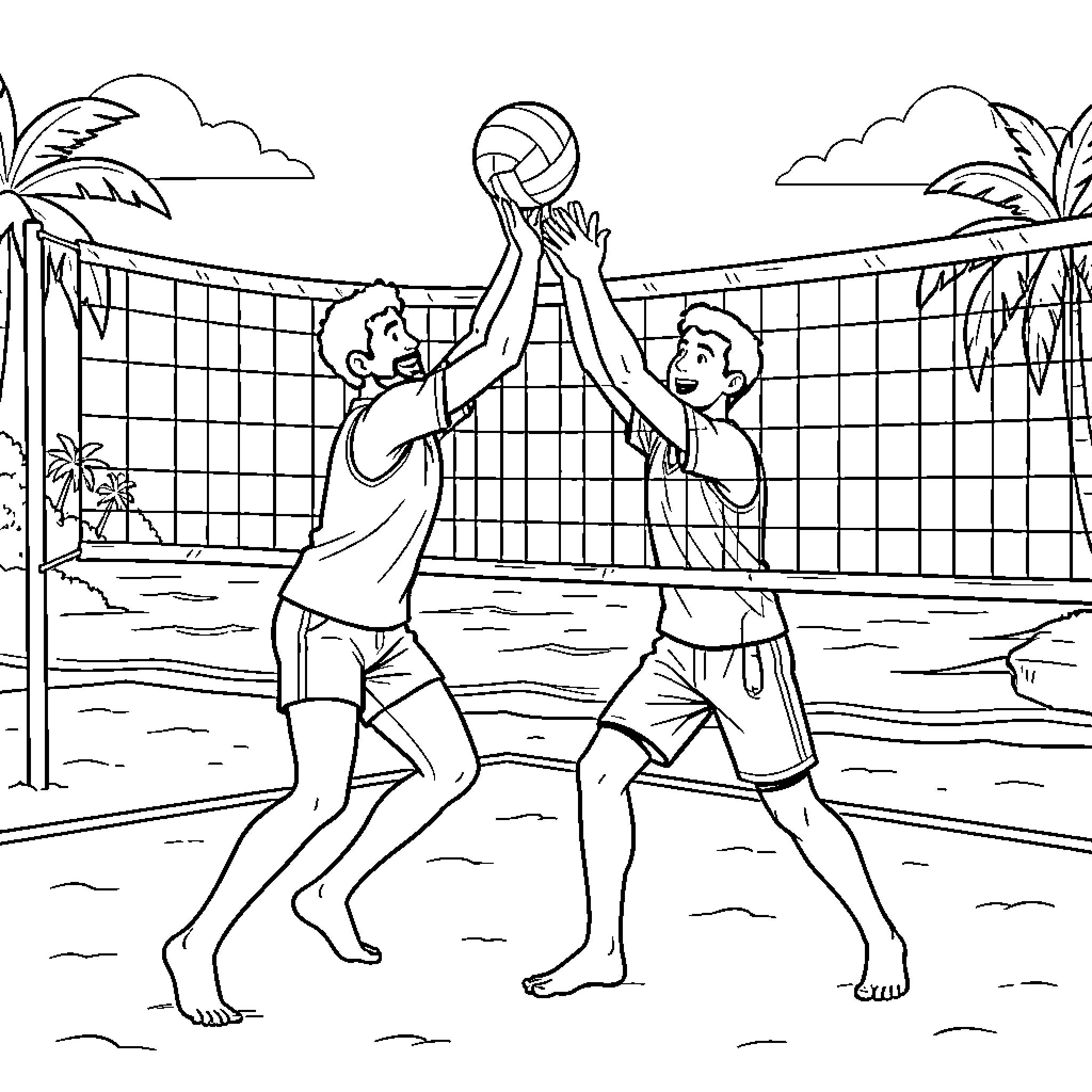 Volleyball Game on Tropical Beach Coloring Page (free black-and-white line drawing printable PDF for all, from beginners to advanced learners, including children, teens, adults, and seniors)
