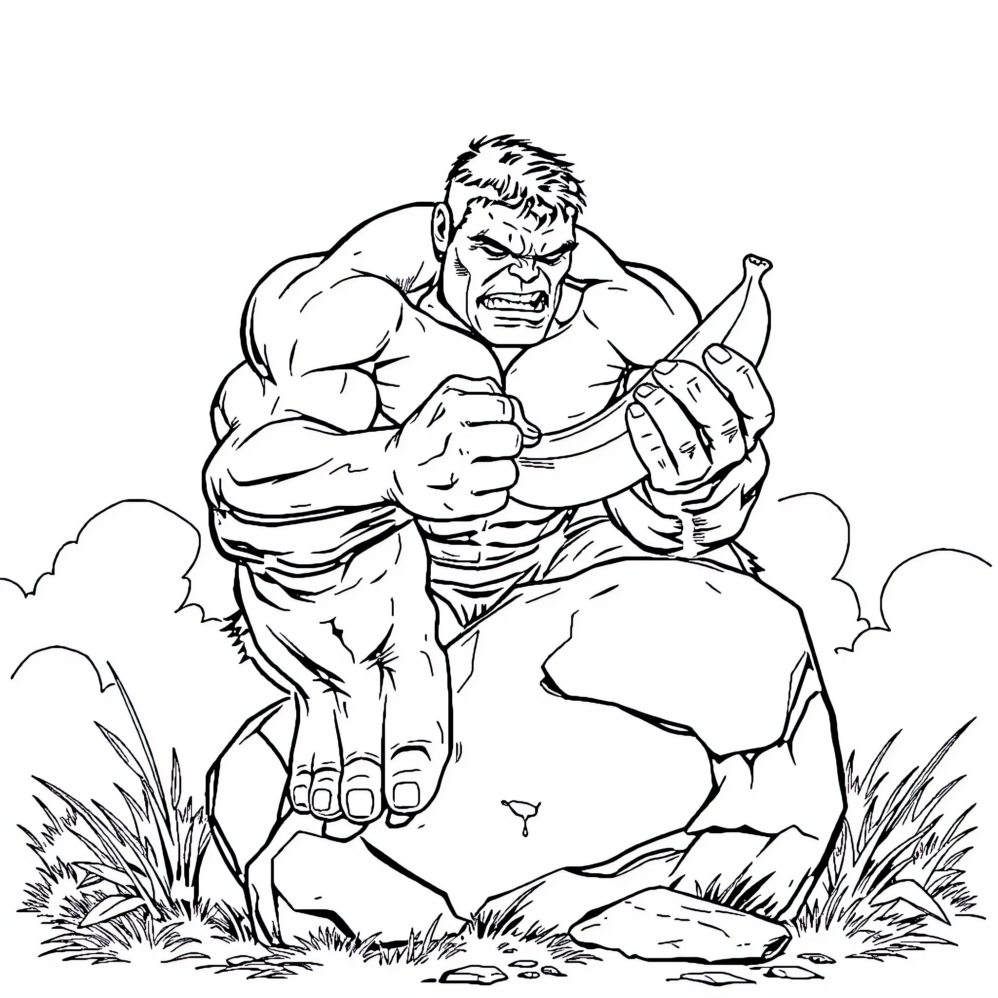 Hulk Smashing Through Rocks in Nature Coloring Page (free black-and-white line drawing printable PDF for all, from beginners to advanced learners, including children, teens, adults, and seniors)