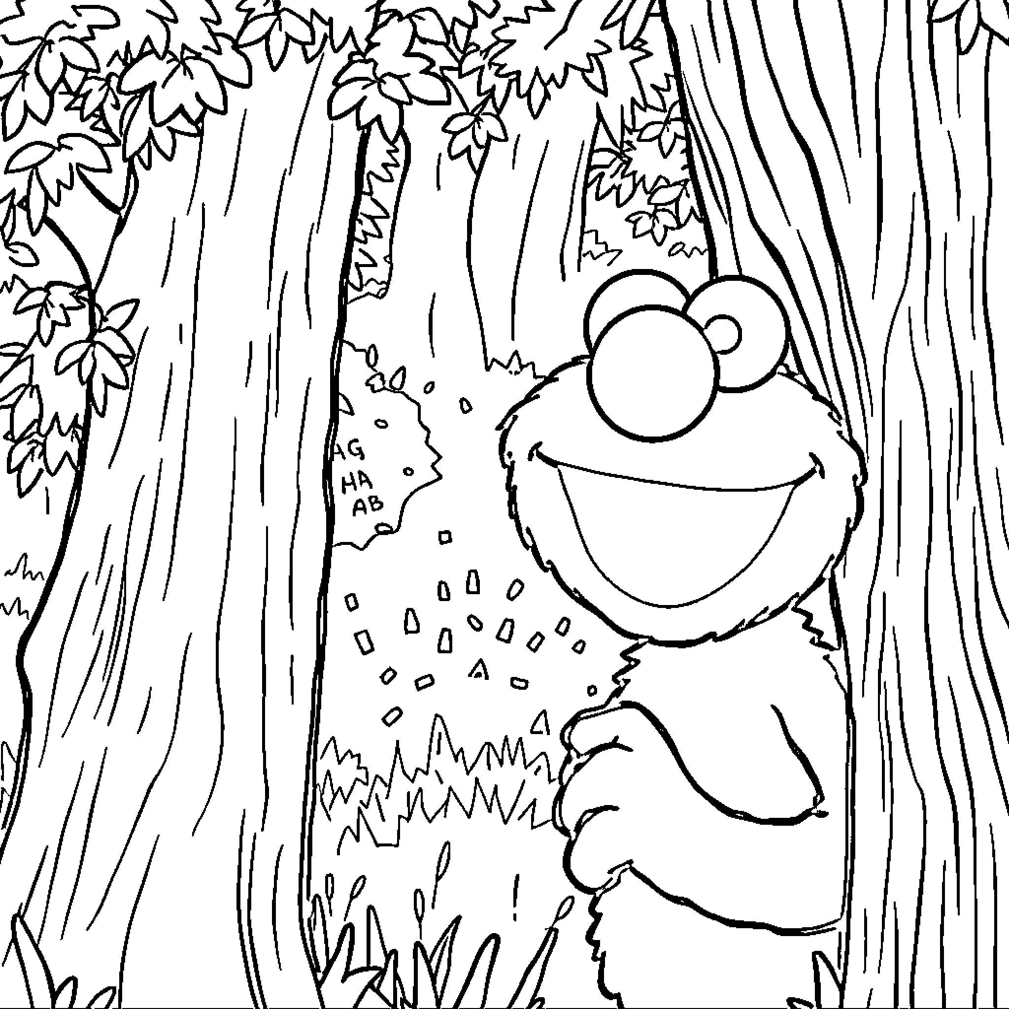 Elmo in a Lively Forest Scene Coloring Page (free black-and-white line drawing printable PDF for all, from beginners to advanced learners, including children, teens, adults, and seniors)
