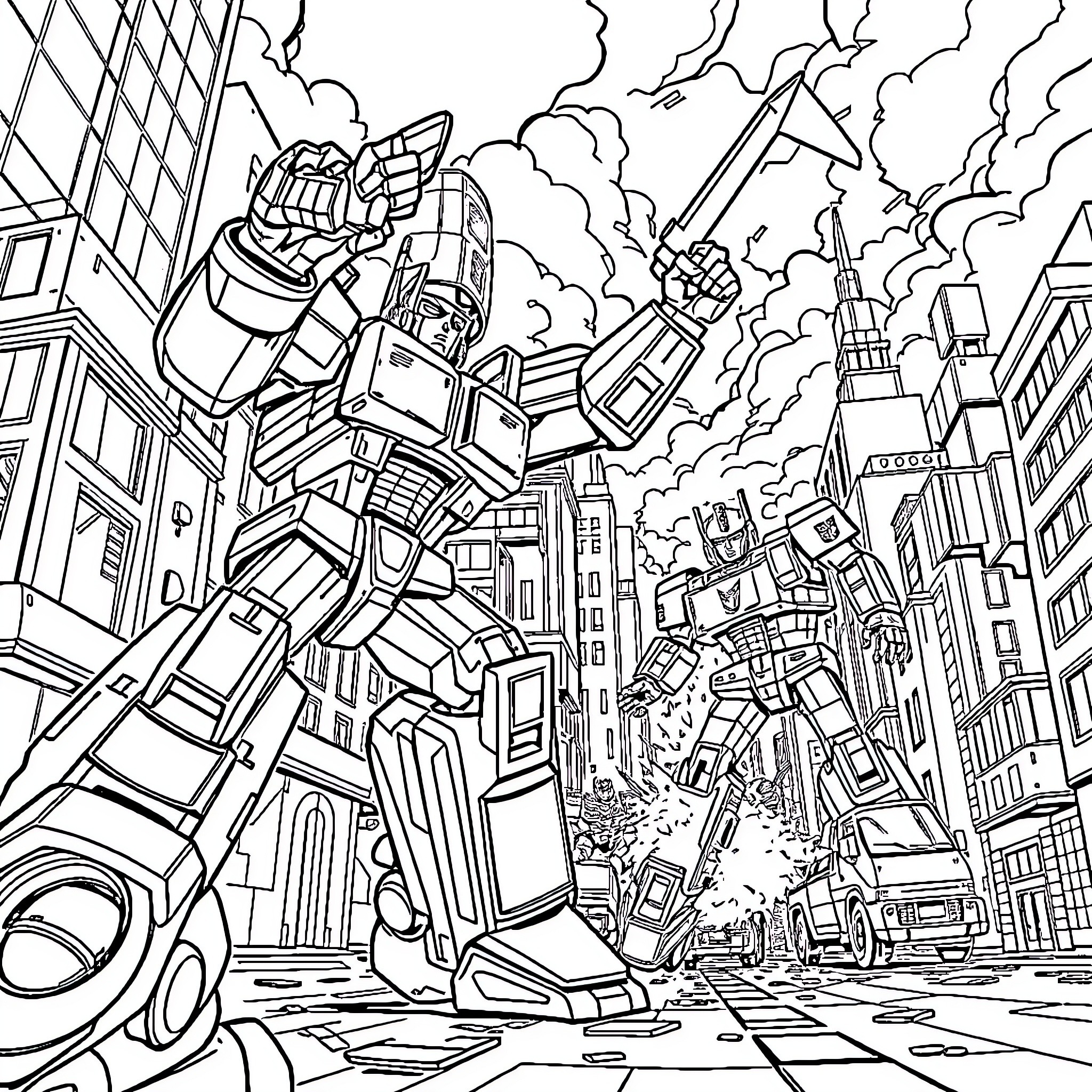 Transformer battling amidst city chaos Coloring Page (free black-and-white line drawing printable PDF for all, from beginners to advanced learners, including children, teens, adults, and seniors)