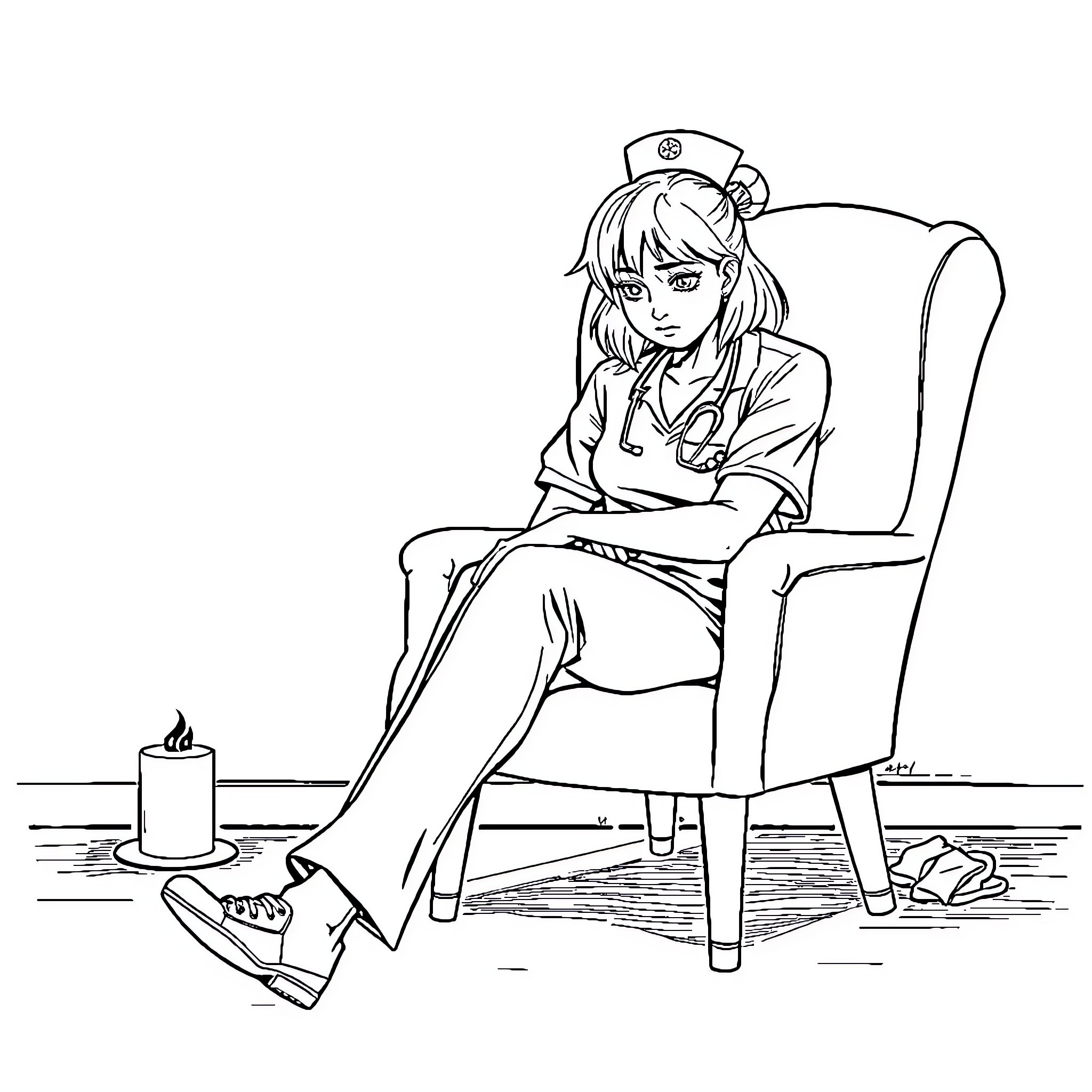 Psych Nurse tending to patient in chair Coloring Page (free black-and-white line drawing printable PDF for all, from beginners to advanced learners, including children, teens, adults, and seniors)