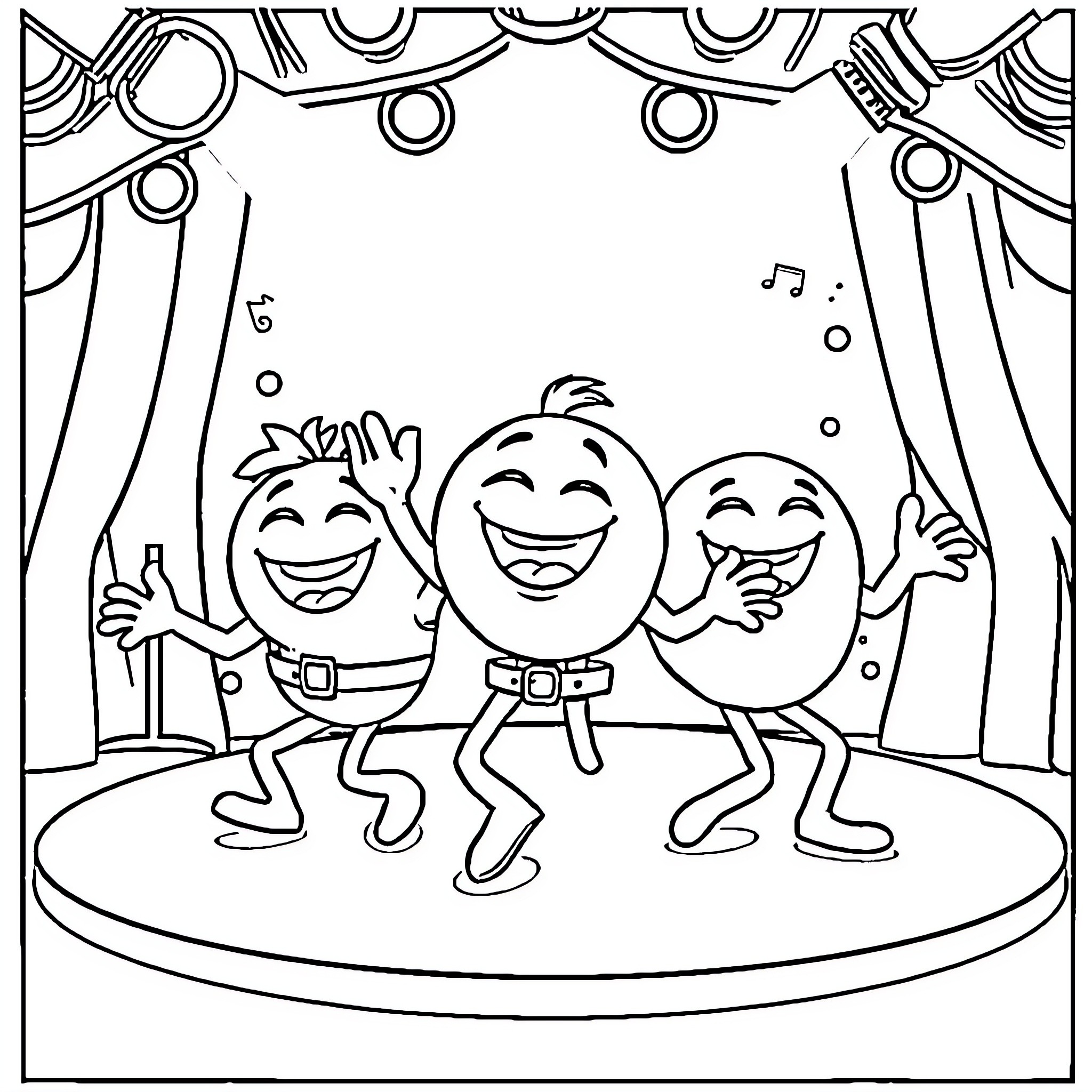 Emoji characters performing on stage Coloring Page (free black-and-white line drawing printable PDF for all, from beginners to advanced learners, including children, teens, adults, and seniors)