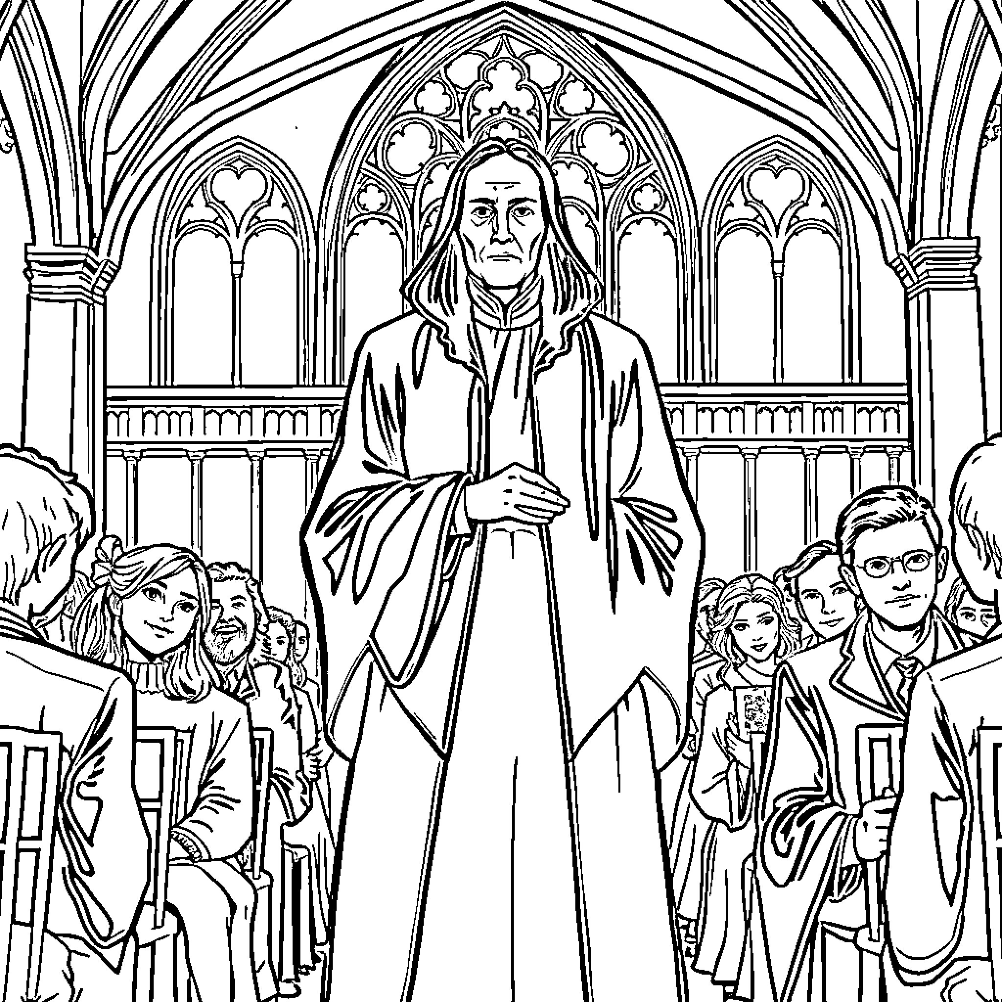 Snape presiding over a solemn gathering in a grand hall Coloring Page (free black-and-white line drawing printable PDF for all, from beginners to advanced learners, including children, teens, adults, and seniors)