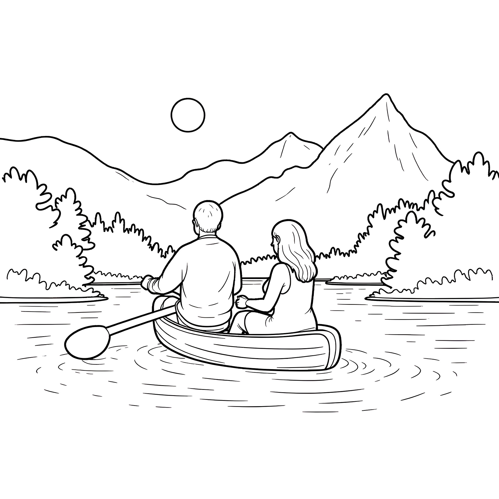 Canoe ride through serene mountain landscape Coloring Page (free black-and-white line drawing printable PDF for all, from beginners to advanced learners, including children, teens, adults, and seniors)