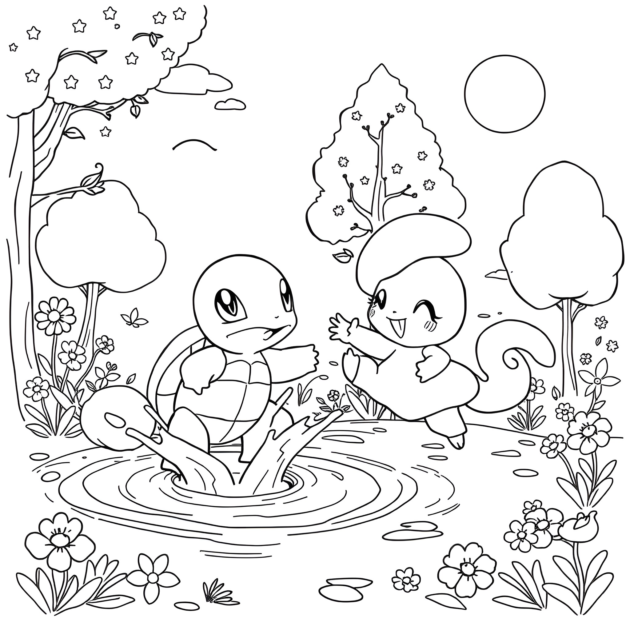 Squirtle playing with friends in the magical forest Coloring Page (free black-and-white line drawing printable PDF for all, from beginners to advanced learners, including children, teens, adults, and seniors)