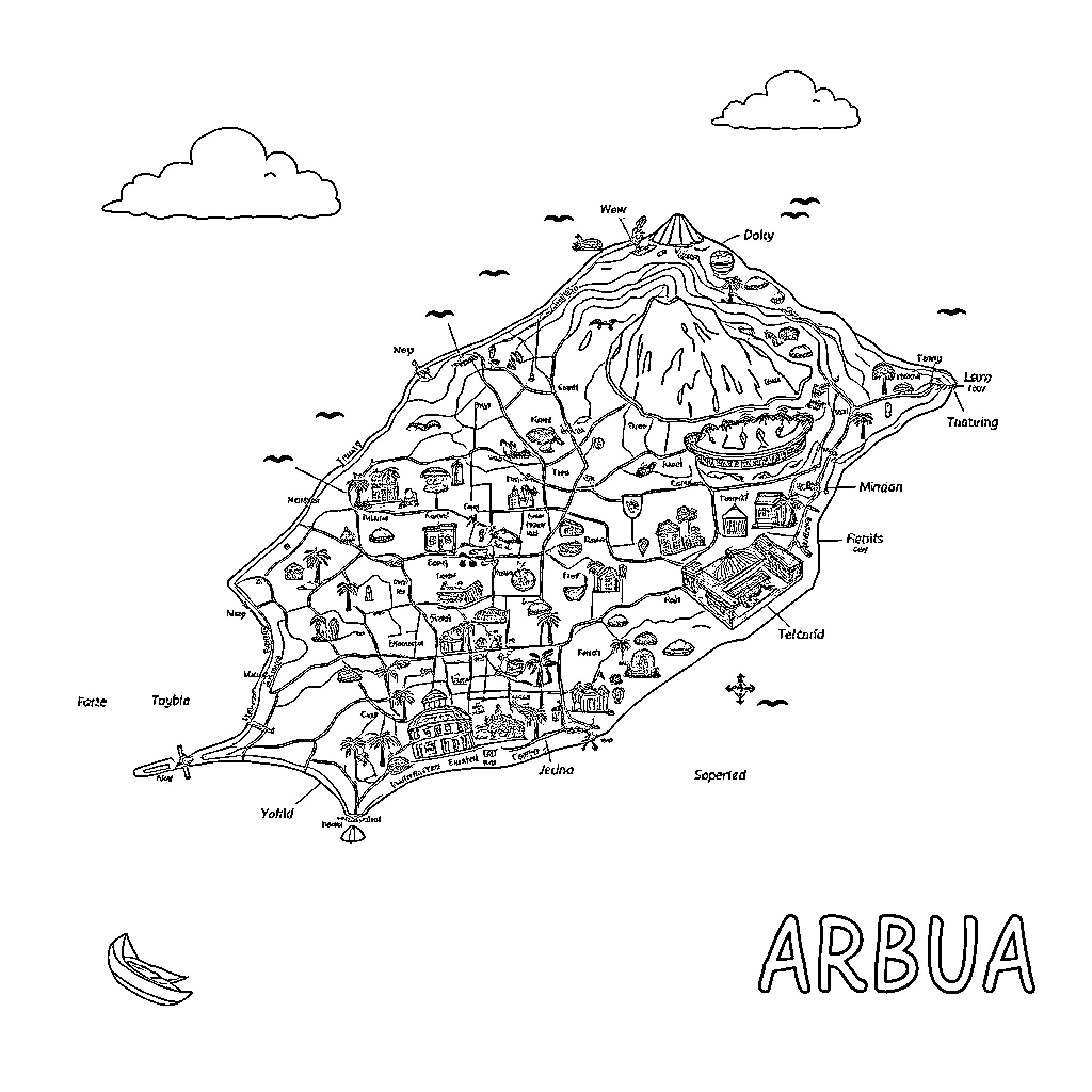Map of Arbua island with labeled landmarks and coastline Coloring Page (free black-and-white line drawing printable PDF for all, from beginners to advanced learners, including children, teens, adults, and seniors)