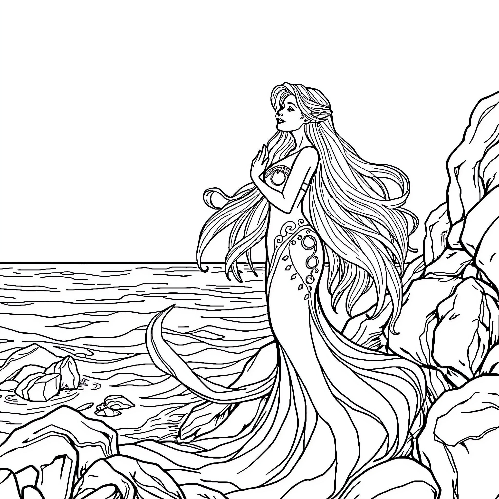 Siren singing alluringly in the ocean waves Coloring Page (free black-and-white line drawing printable PDF for all, from beginners to advanced learners, including children, teens, adults, and seniors)