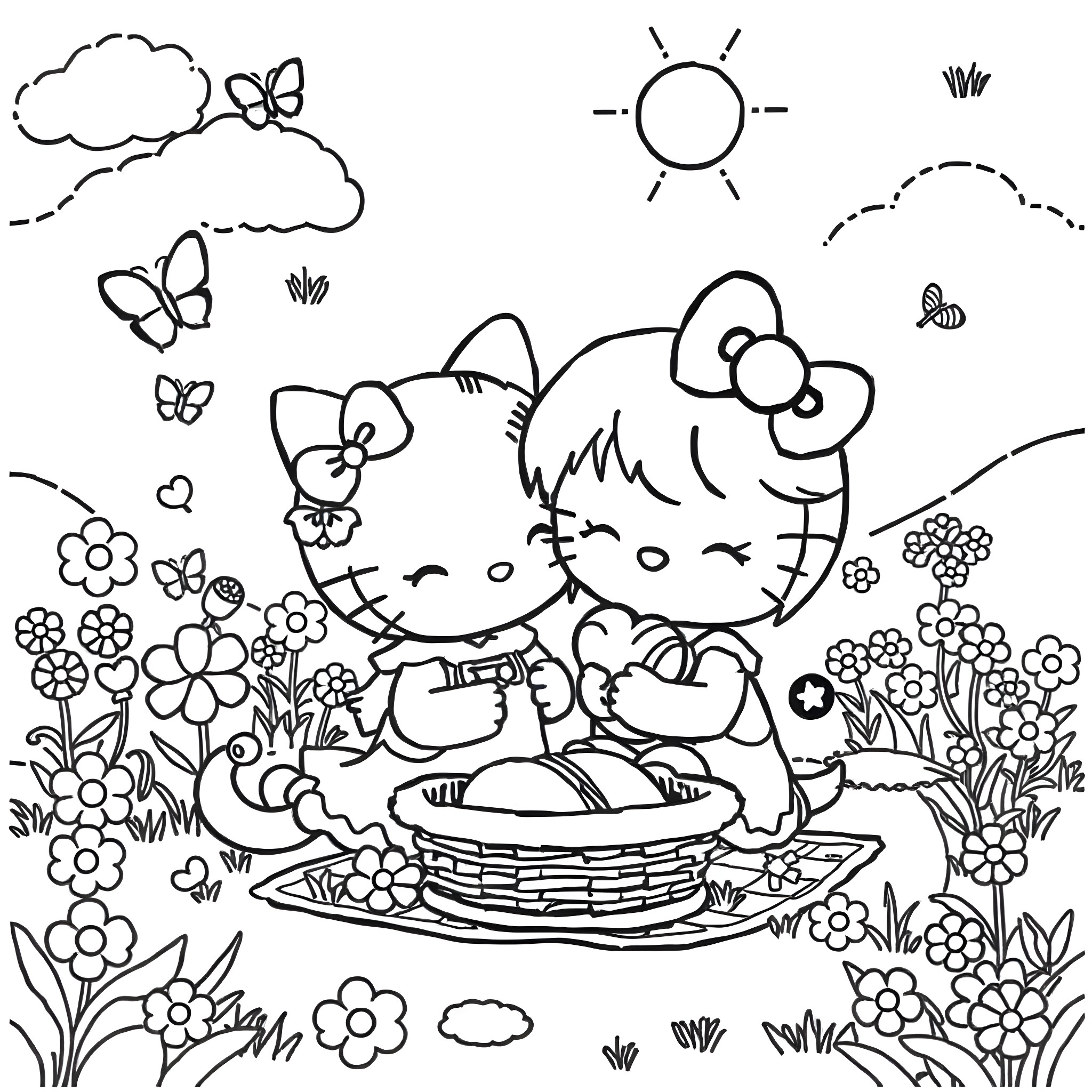 Kuromi enjoying a picnic in a floral garden Coloring Page (free black-and-white line drawing printable PDF for all, from beginners to advanced learners, including children, teens, adults, and seniors)