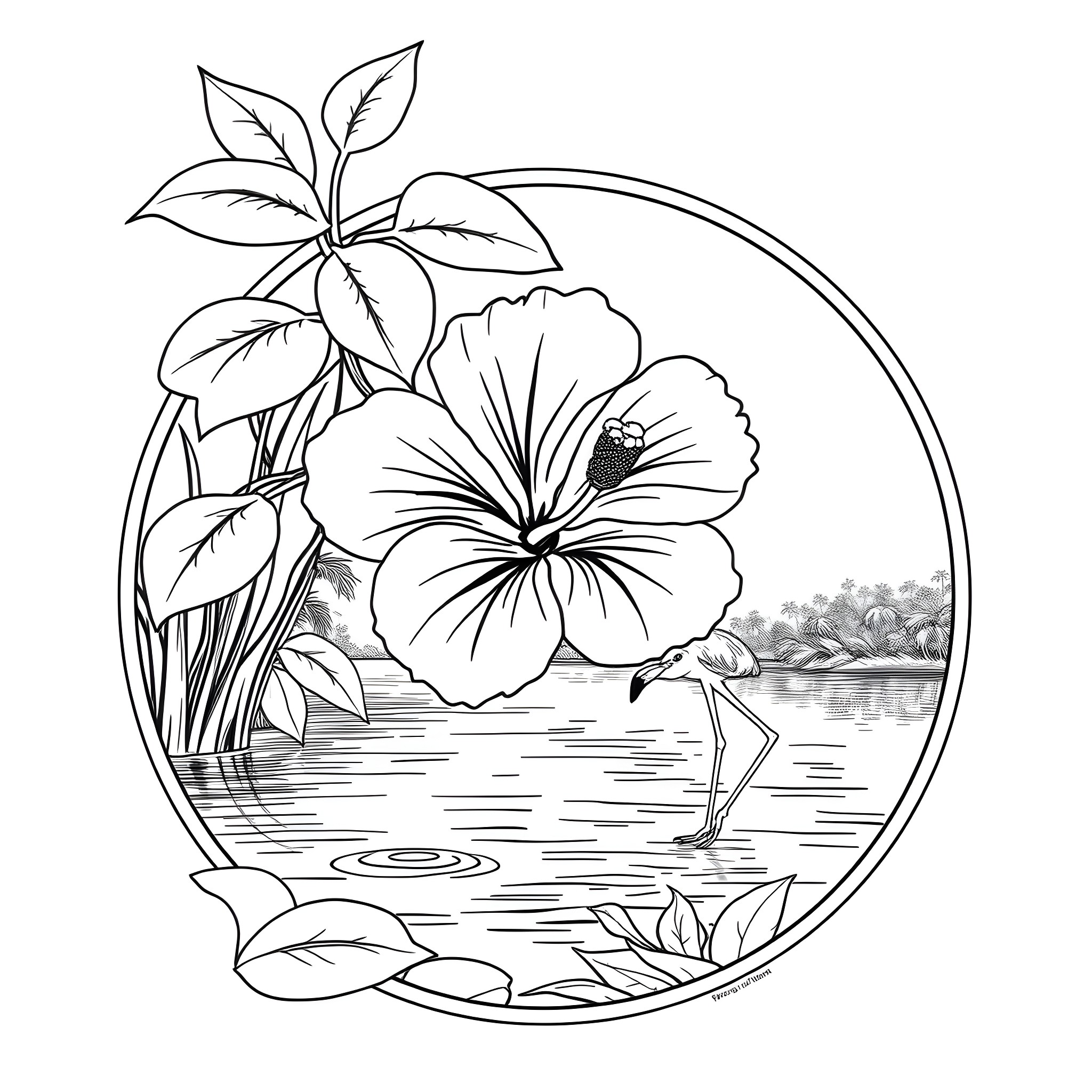 Hibiscus flowers in a serene tropical landscape Coloring Page (free black-and-white line drawing printable PDF for all, from beginners to advanced learners, including children, teens, adults, and seniors)