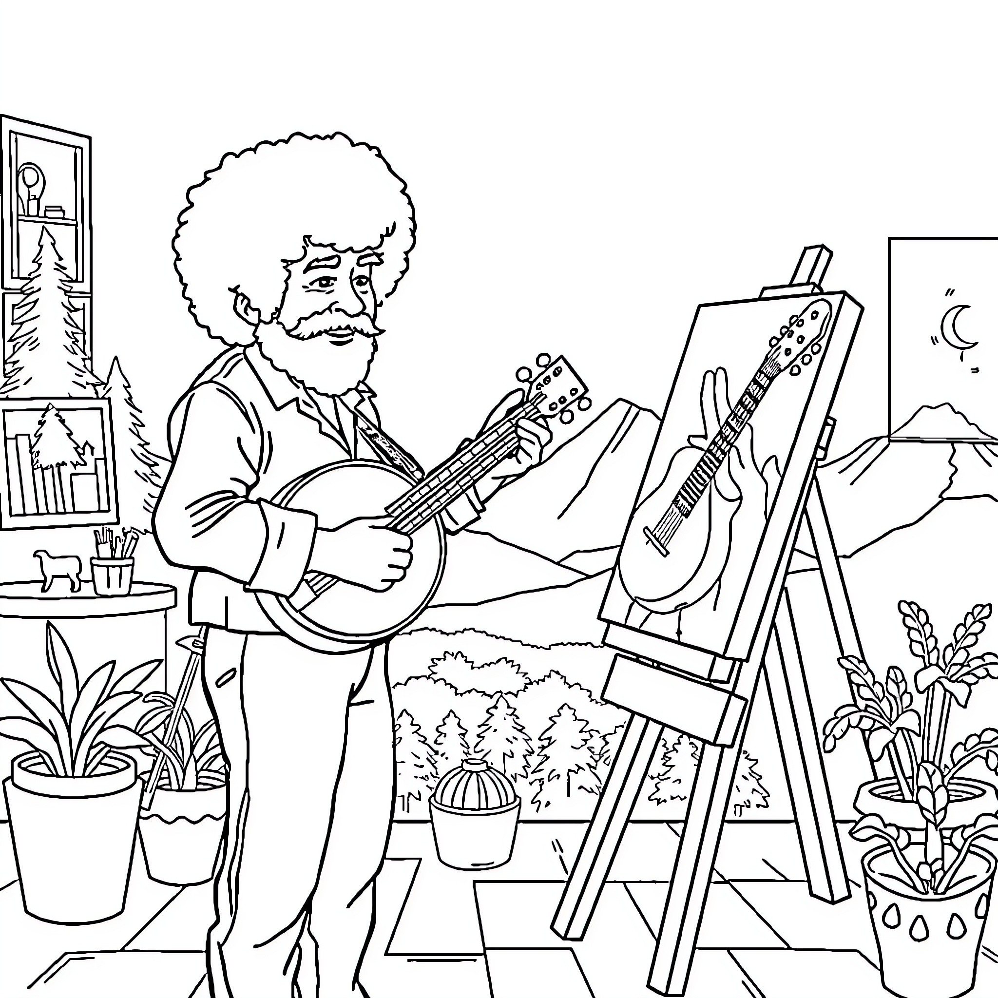 Bob Ross playing guitar in his painting studio Coloring Page (free black-and-white line drawing printable PDF for all, from beginners to advanced learners, including children, teens, adults, and seniors)