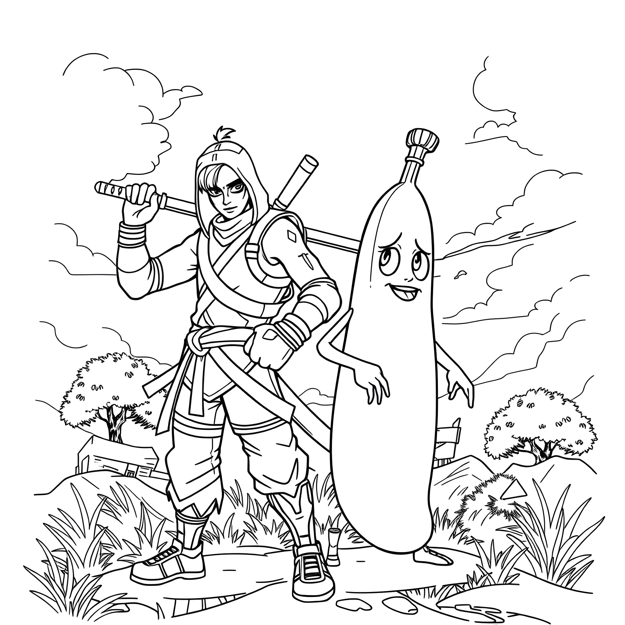 Lloyd's Adventure with a Curious Banana Coloring Page (free black-and-white line drawing printable PDF for all, from beginners to advanced learners, including children, teens, adults, and seniors)
