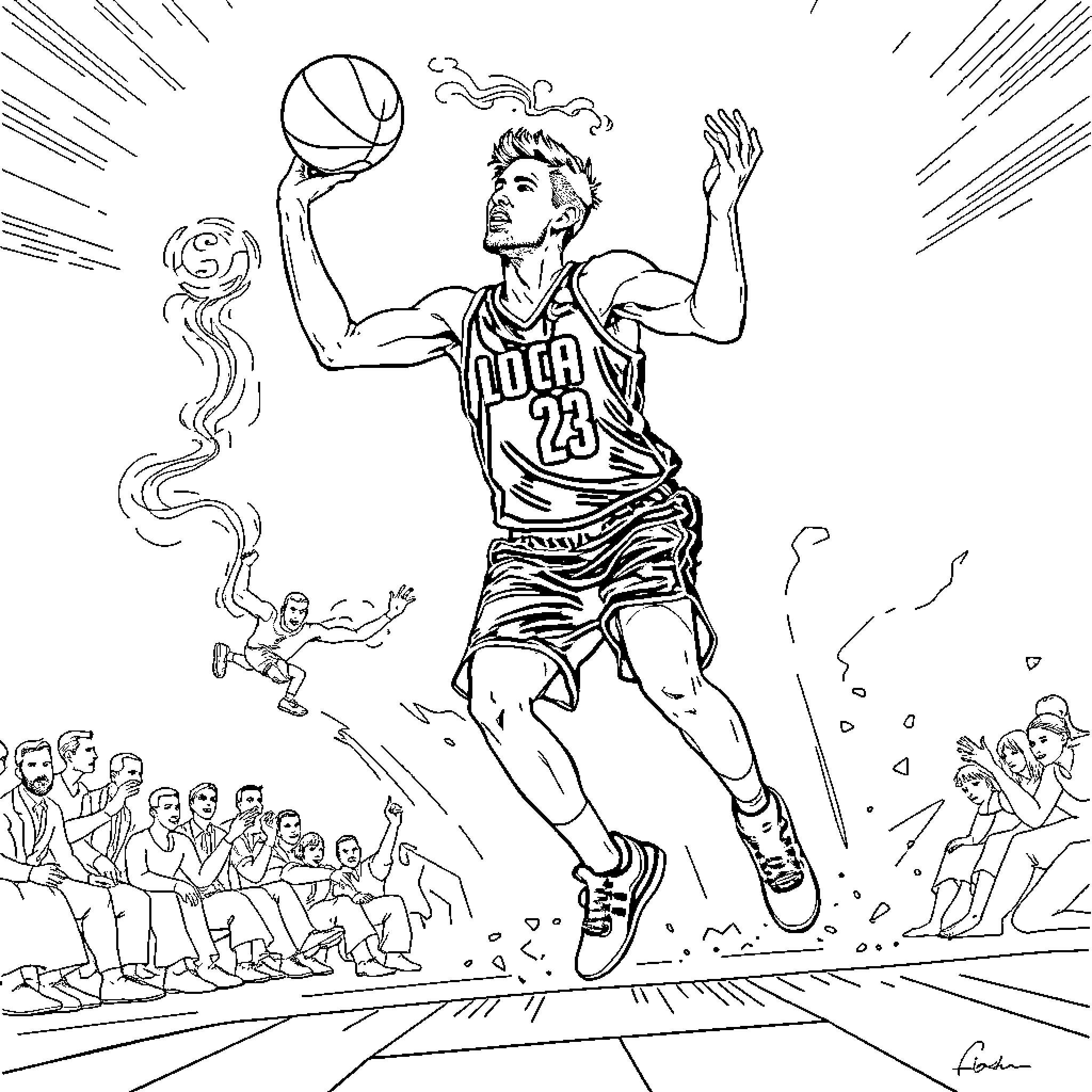 Luka Doncic dunking with energy and enthusiasm Coloring Page (free black-and-white line drawing printable PDF for all, from beginners to advanced learners, including children, teens, adults, and seniors)