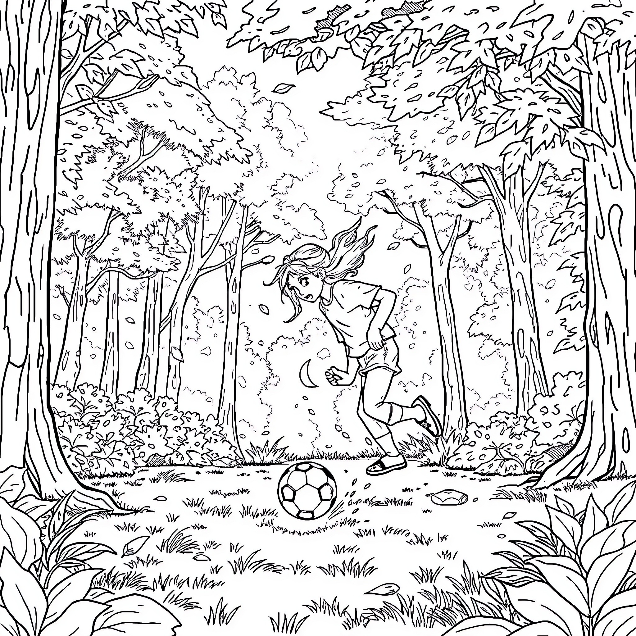 Mercredi - Girl kicking soccer ball in lush forest Coloring Page (free black-and-white line drawing printable PDF for all, from beginners to advanced learners, including children, teens, adults, and seniors)