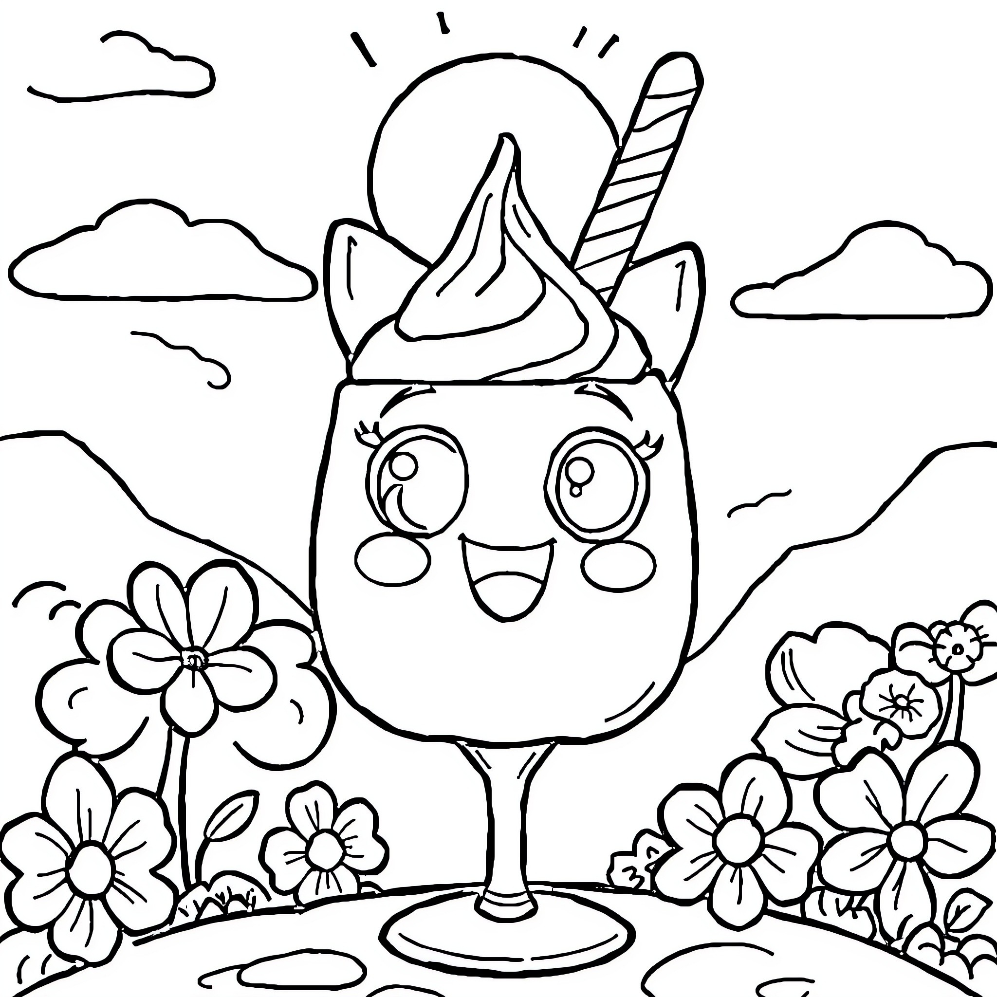 Owl-shaped ice cream cone enjoying the flowers Coloring Page (free black-and-white line drawing printable PDF for all, from beginners to advanced learners, including children, teens, adults, and seniors)