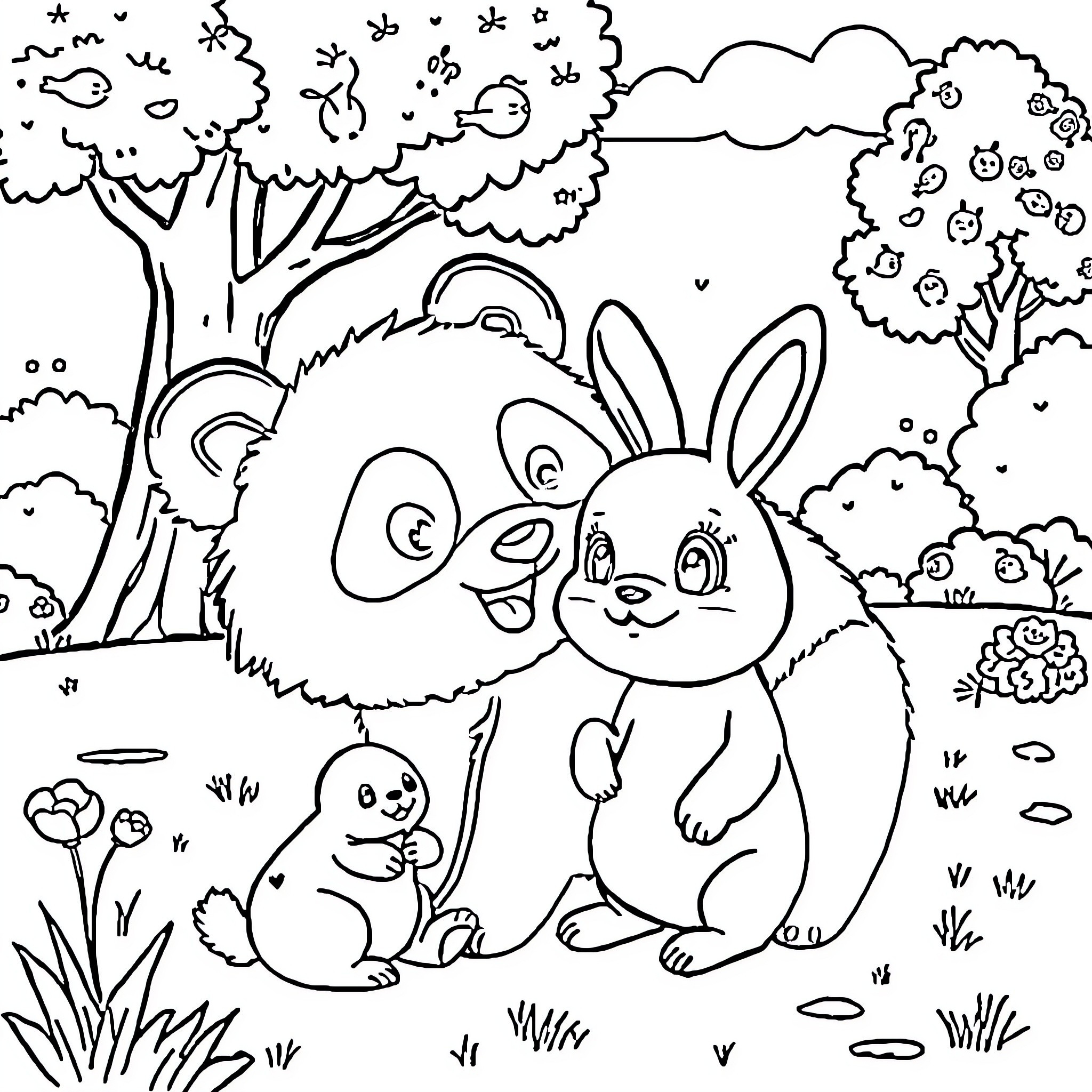 Panda and Rabbit Exploring the Forest Coloring Page (free black-and-white line drawing printable PDF for all, from beginners to advanced learners, including children, teens, adults, and seniors)