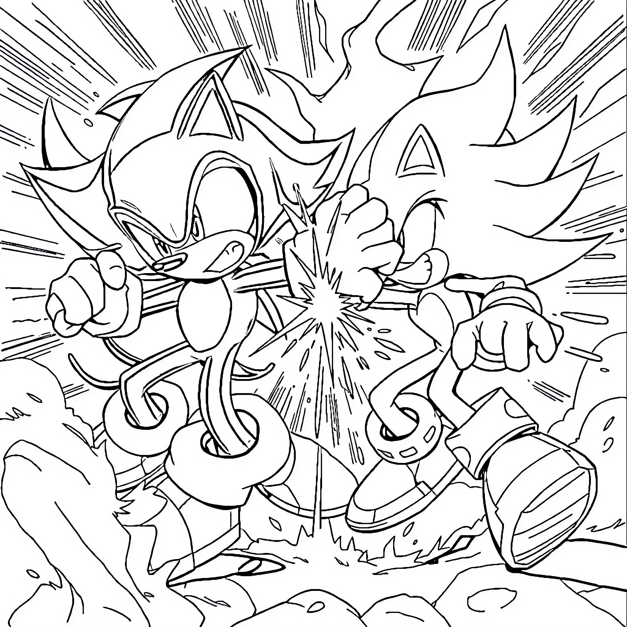 Sonic's Explosive Action-Packed Adventure Coloring Page (free black-and-white line drawing printable PDF for all, from beginners to advanced learners, including children, teens, adults, and seniors)