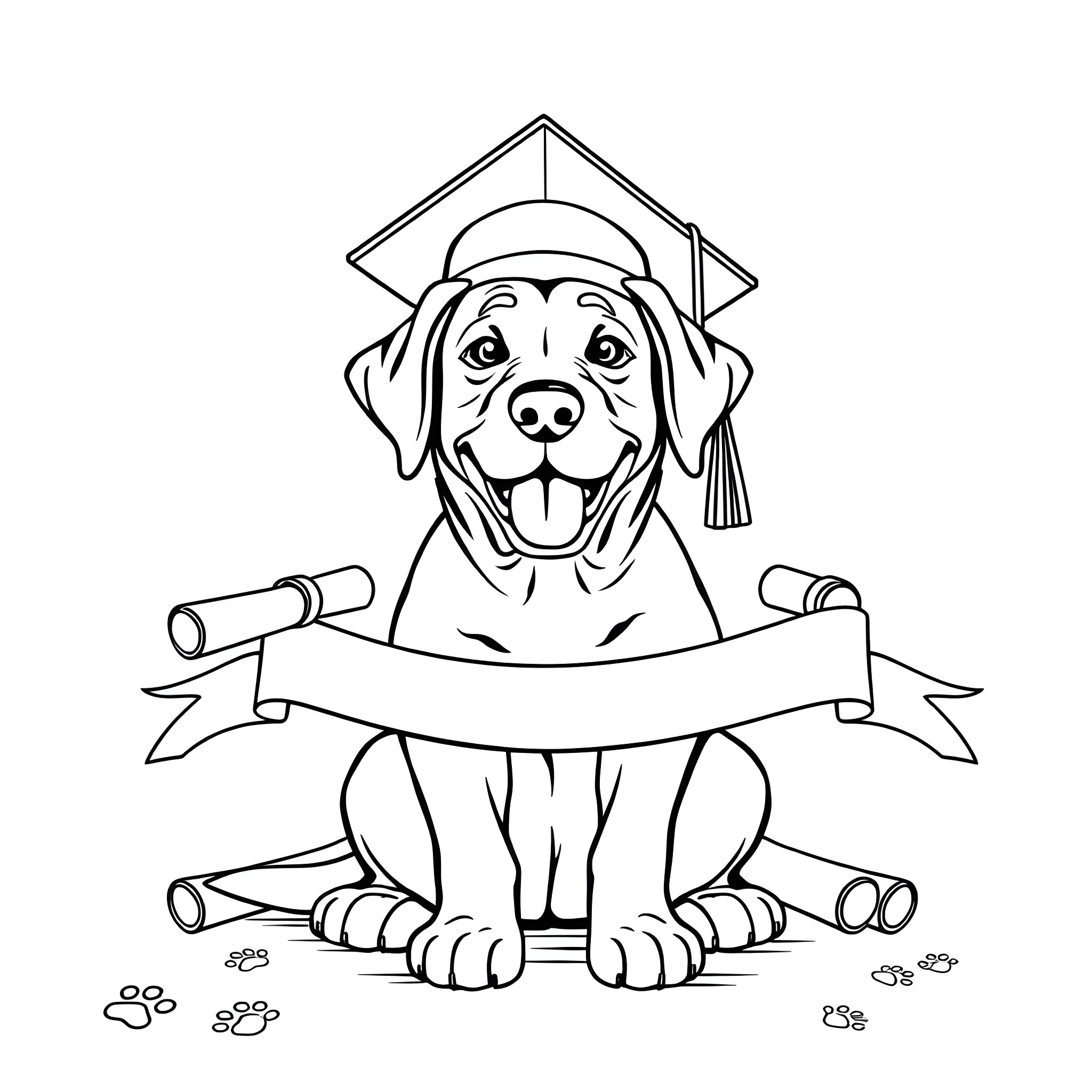 Labrador Retriever Graduating with Diploma Coloring Page (free black-and-white line drawing printable PDF for all, from beginners to advanced learners, including children, teens, adults, and seniors)