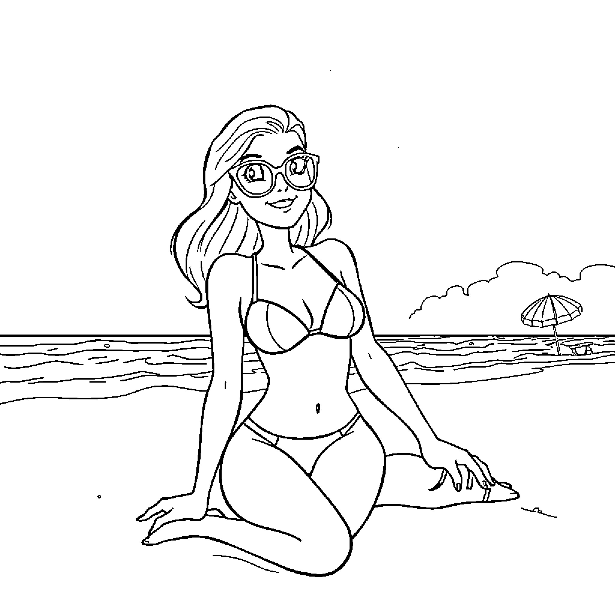 Mandy enjoying the beach in her swimsuit Coloring Page (free black-and-white line drawing printable PDF for all, from beginners to advanced learners, including children, teens, adults, and seniors)