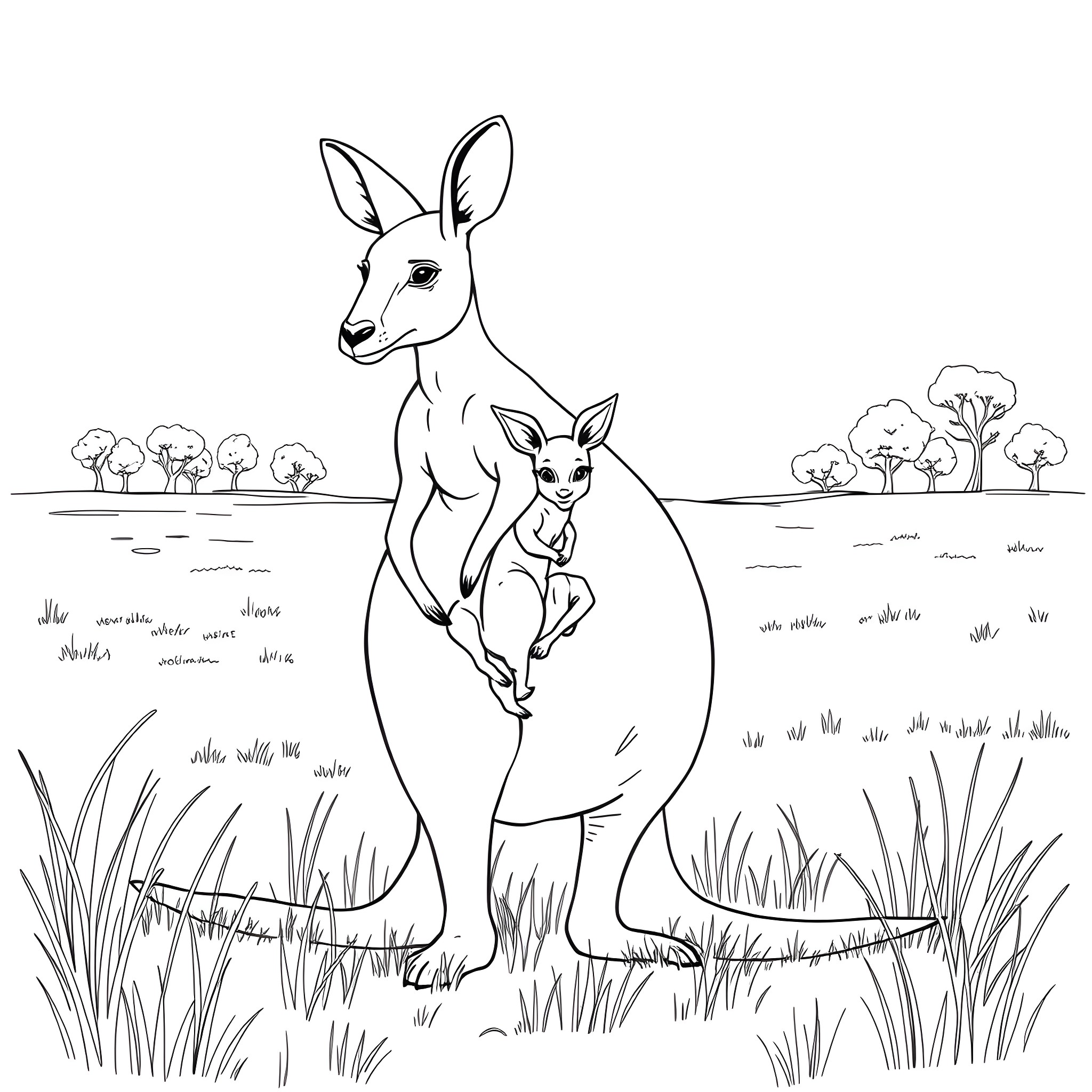 Kangaroo and baby kangaroo in the wild Coloring Page (free black-and-white line drawing printable PDF for all, from beginners to advanced learners, including children, teens, adults, and seniors)