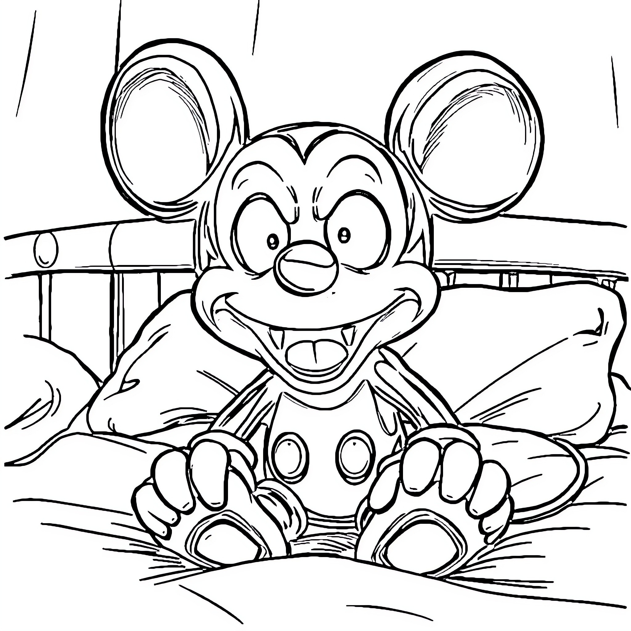 Mickey Mouse sitting and smiling happily Coloring Page (free black-and-white line drawing printable PDF for all, from beginners to advanced learners, including children, teens, adults, and seniors)