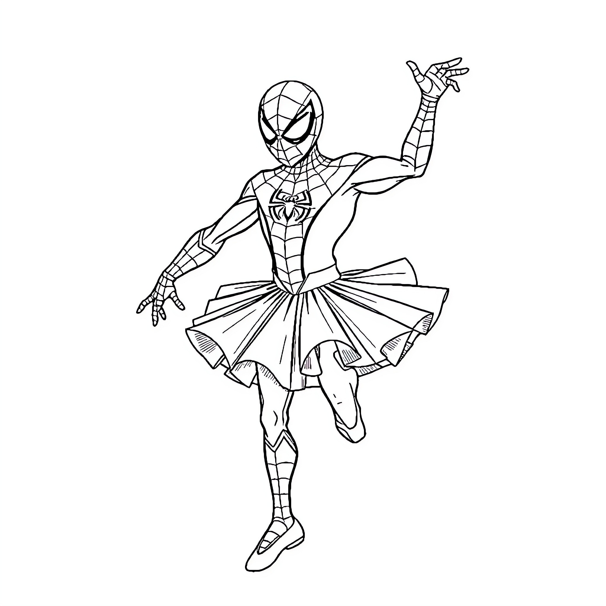 Spiderman performing heroic acrobatic moves Coloring Page (free black-and-white line drawing printable PDF for all, from beginners to advanced learners, including children, teens, adults, and seniors)