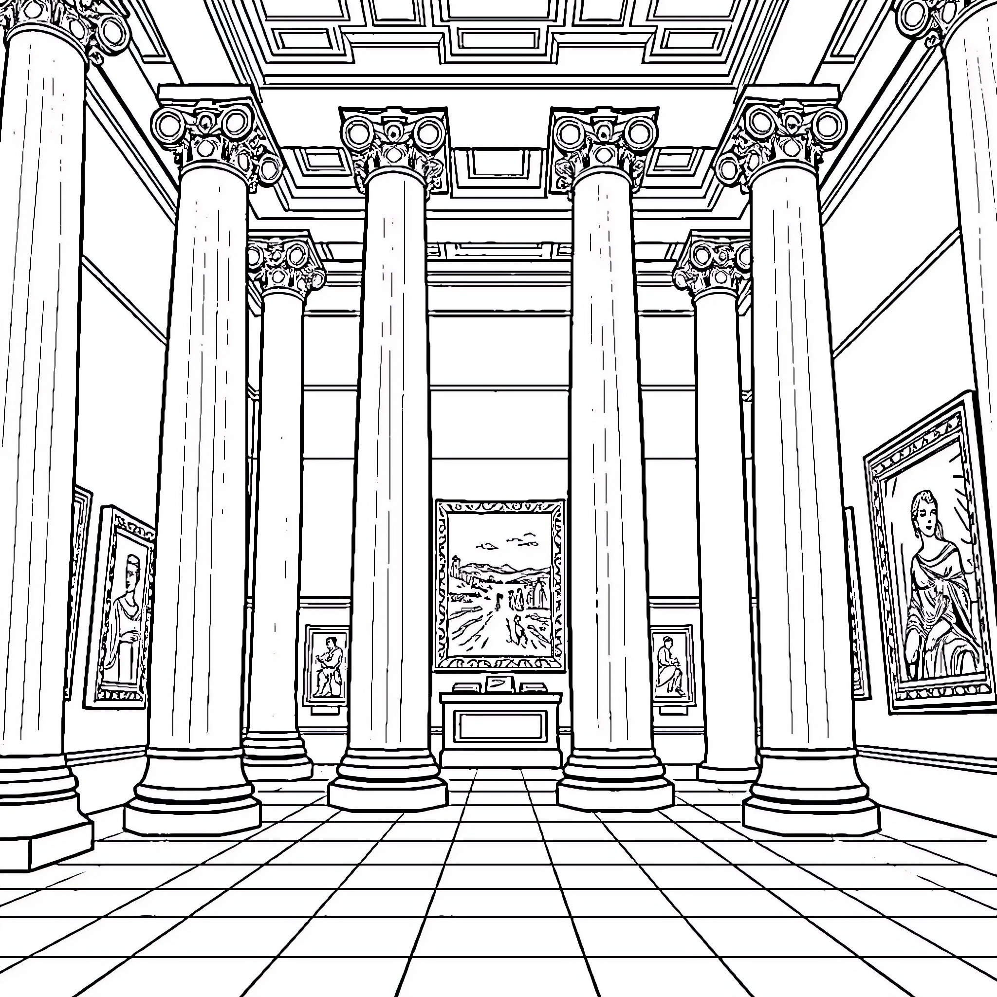 Museum Interior with Ornate Columns and Artwork Coloring Page (free black-and-white line drawing printable PDF for all, from beginners to advanced learners, including children, teens, adults, and seniors)