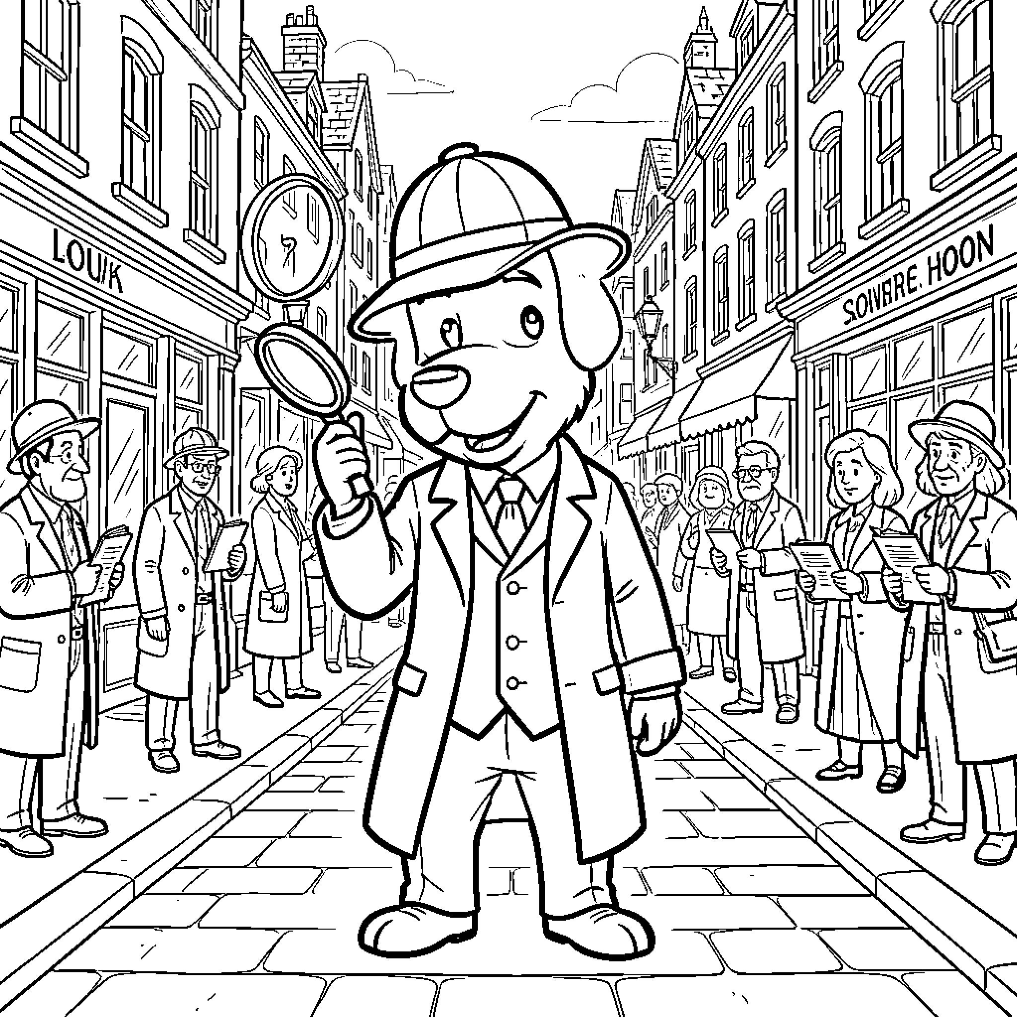 Sherlock Hound investigating a street with a magnifying glass Coloring Page (free black-and-white line drawing printable PDF for all, from beginners to advanced learners, including children, teens, adults, and seniors)