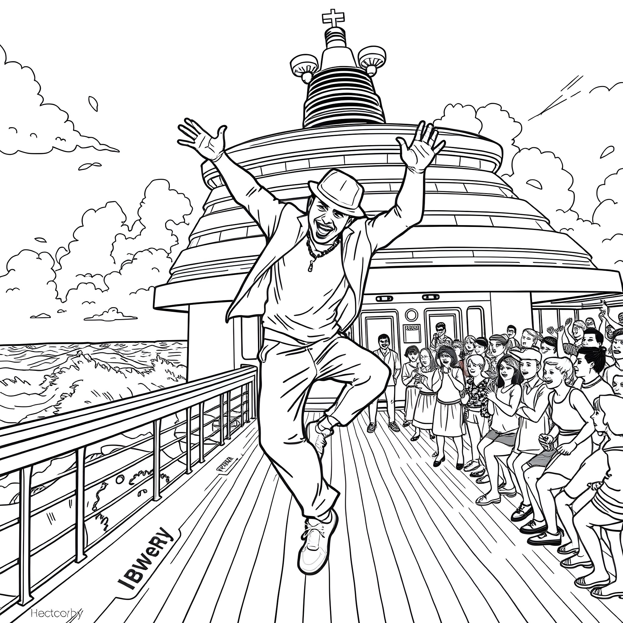 Bluey having a joyful dance on the ship deck Coloring Page (free black-and-white line drawing printable PDF for all, from beginners to advanced learners, including children, teens, adults, and seniors)