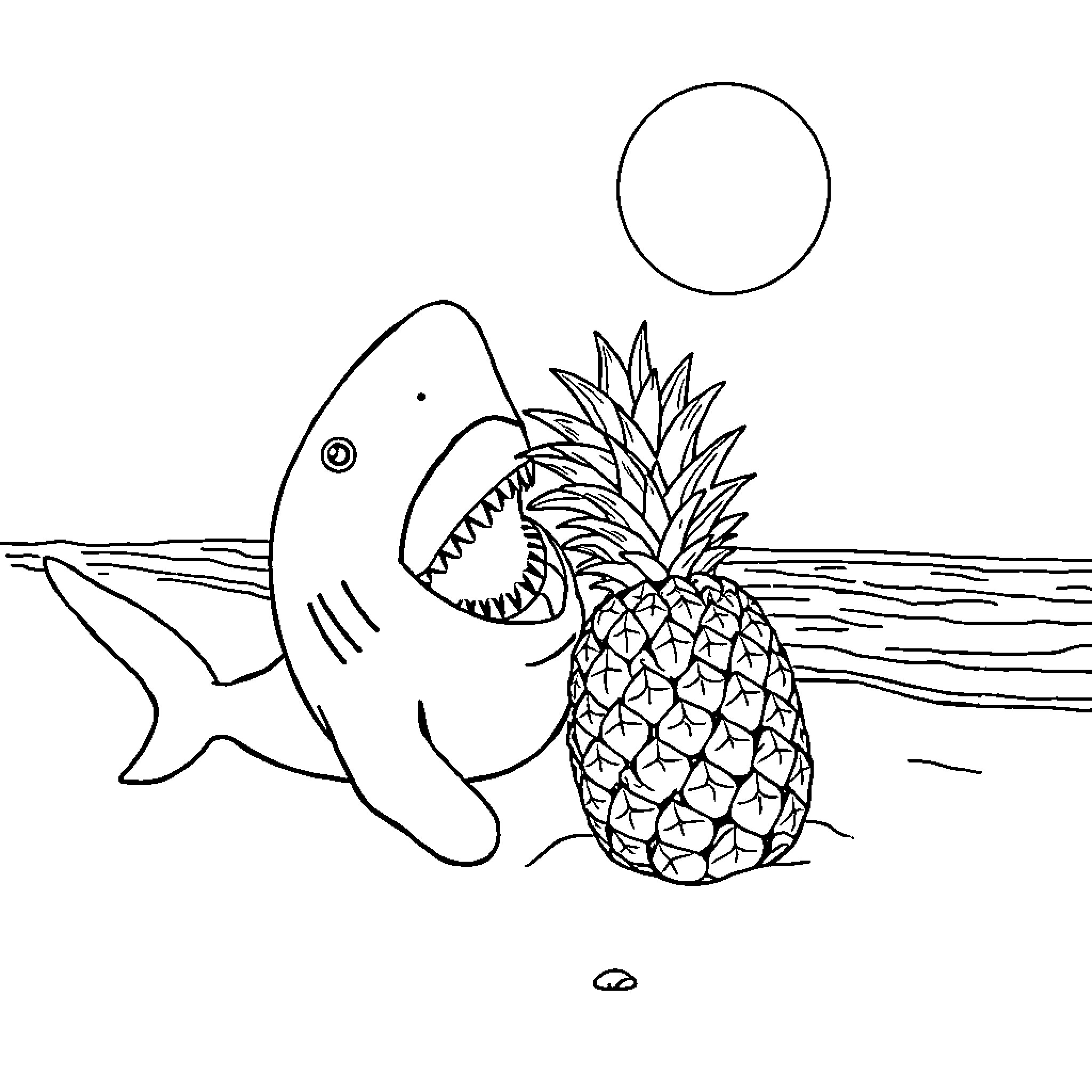 Shark chasing pineapple in the ocean Coloring Page (free black-and-white line drawing printable PDF for all, from beginners to advanced learners, including children, teens, adults, and seniors)