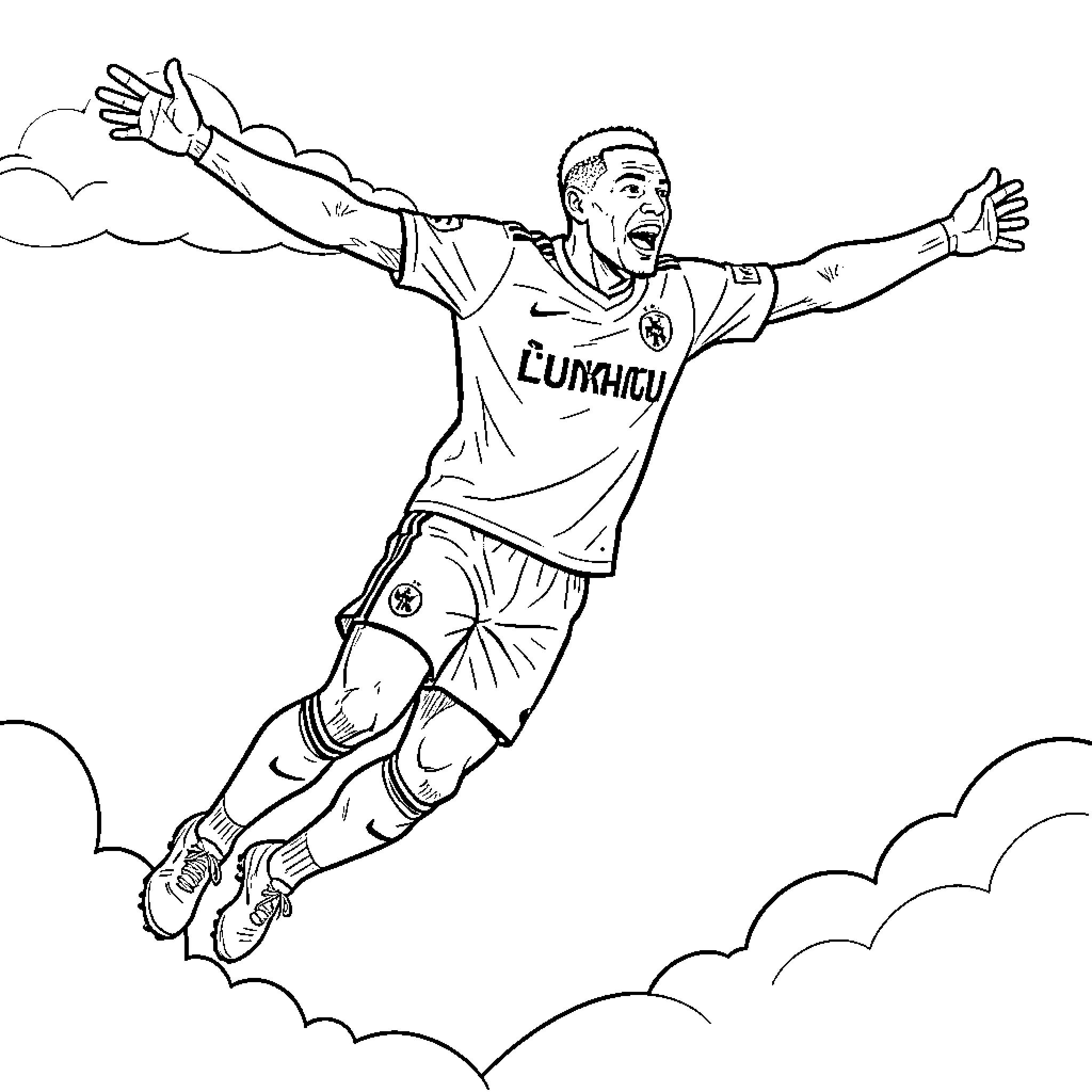 Lukaku celebrating a goal with arms wide open Coloring Page (free black-and-white line drawing printable PDF for all, from beginners to advanced learners, including children, teens, adults, and seniors)