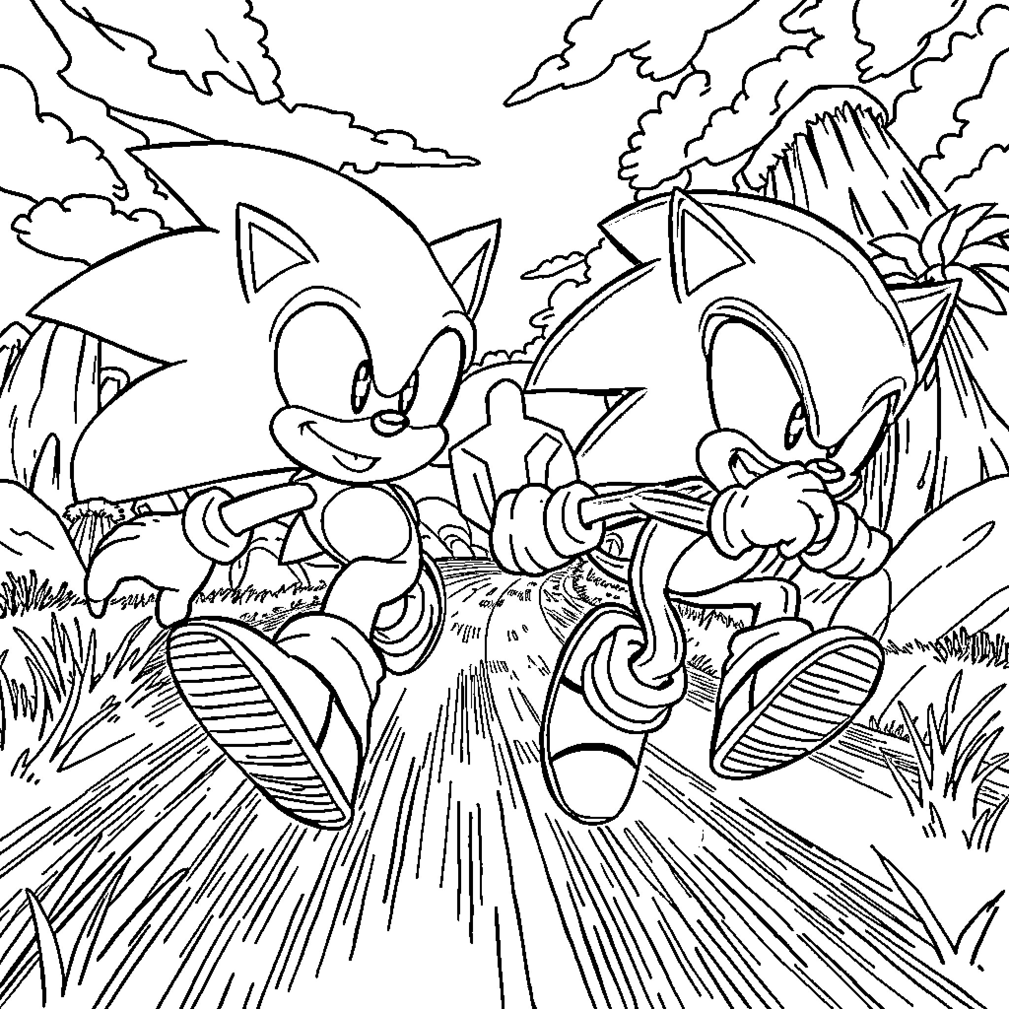 Sonic Adventure in a Lush Jungle Setting Coloring Page (free black-and-white line drawing printable PDF for all, from beginners to advanced learners, including children, teens, adults, and seniors)