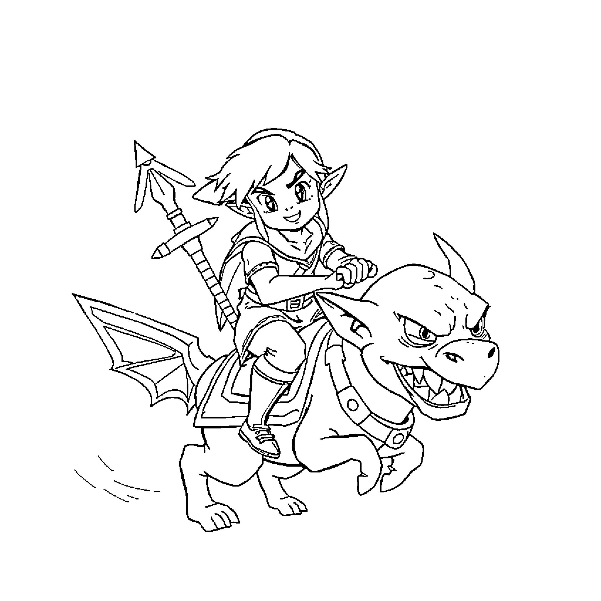 Link riding a dragon with weaponry Coloring Page (free black-and-white line drawing printable PDF for all, from beginners to advanced learners, including children, teens, adults, and seniors)