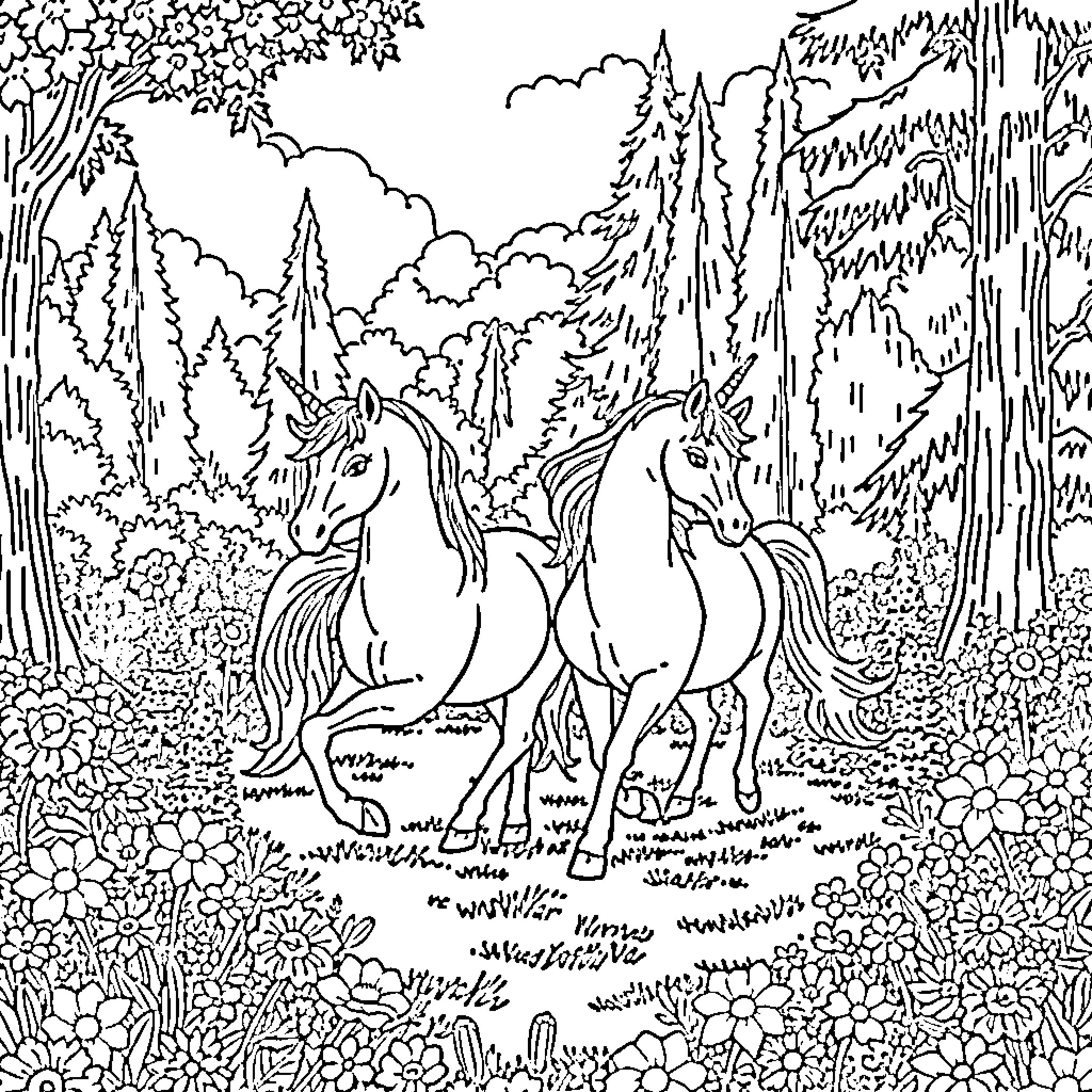Unicorn pair walking through enchanted forest Coloring Page (free black-and-white line drawing printable PDF for all, from beginners to advanced learners, including children, teens, adults, and seniors)