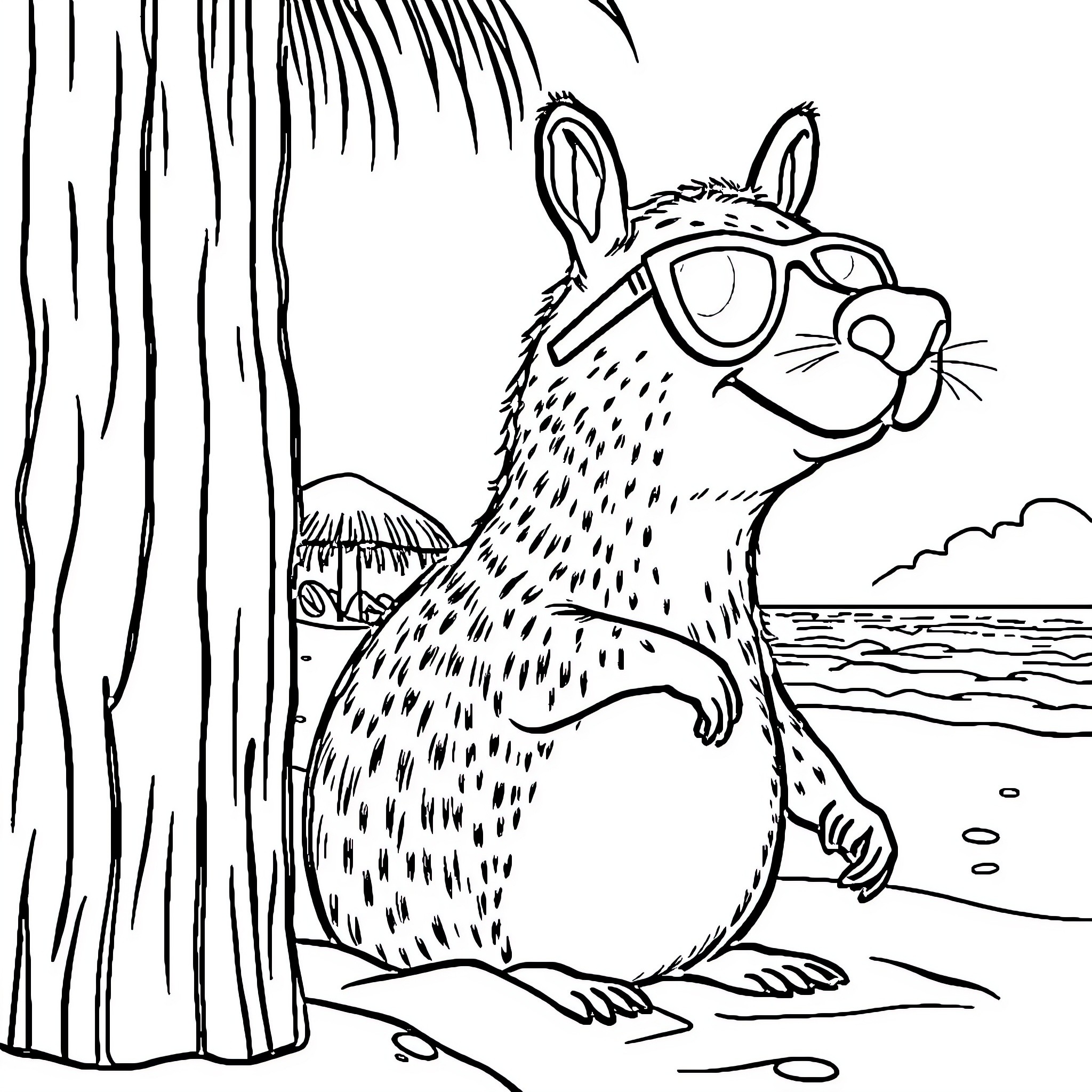 Capybara relaxing by the beach in sunglasses Coloring Page (free black-and-white line drawing printable PDF for all, from beginners to advanced learners, including children, teens, adults, and seniors)