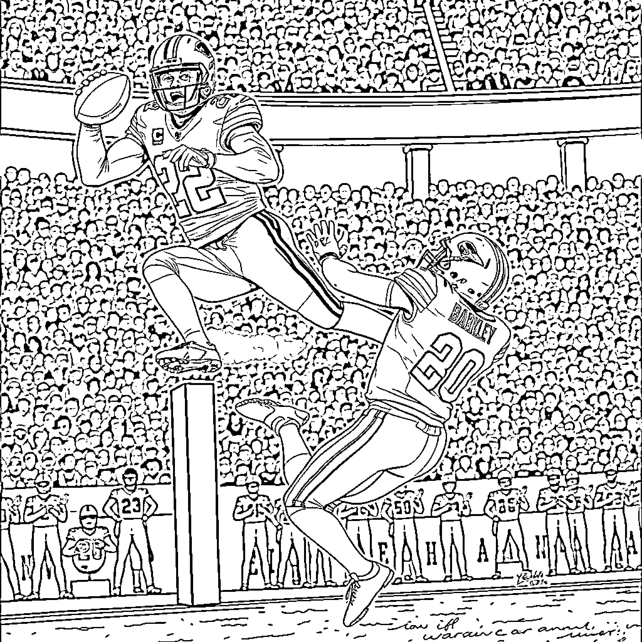 Saquon Barkley making a play during a football game Coloring Page (free black-and-white line drawing printable PDF for all, from beginners to advanced learners, including children, teens, adults, and seniors)