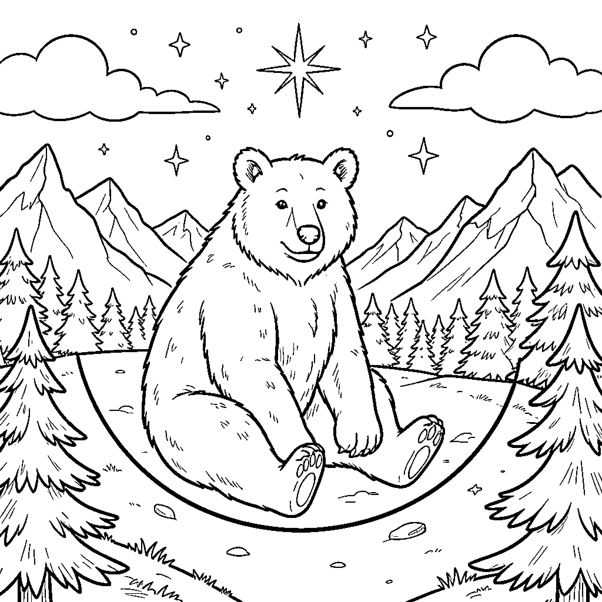Bear enjoying night scenery in the mountains Coloring Page (free black-and-white line drawing printable PDF for all, from beginners to advanced learners, including children, teens, adults, and seniors)