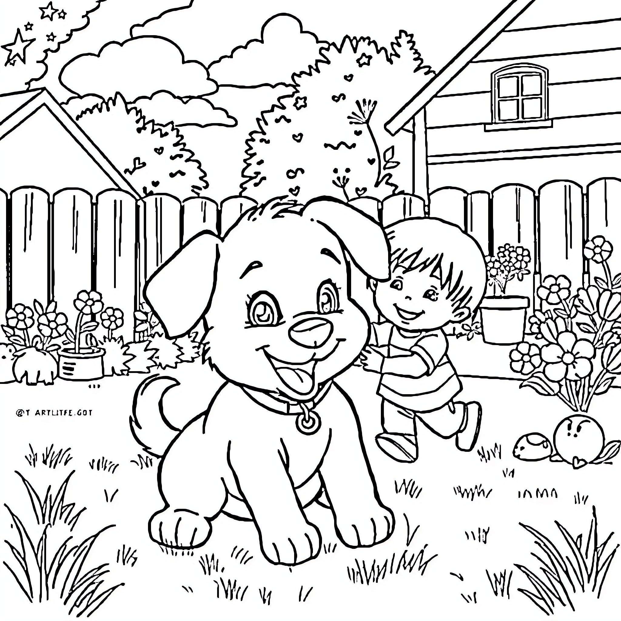 Dog and child playing in backyard Coloring Page (free black-and-white line drawing printable PDF for all, from beginners to advanced learners, including children, teens, adults, and seniors)