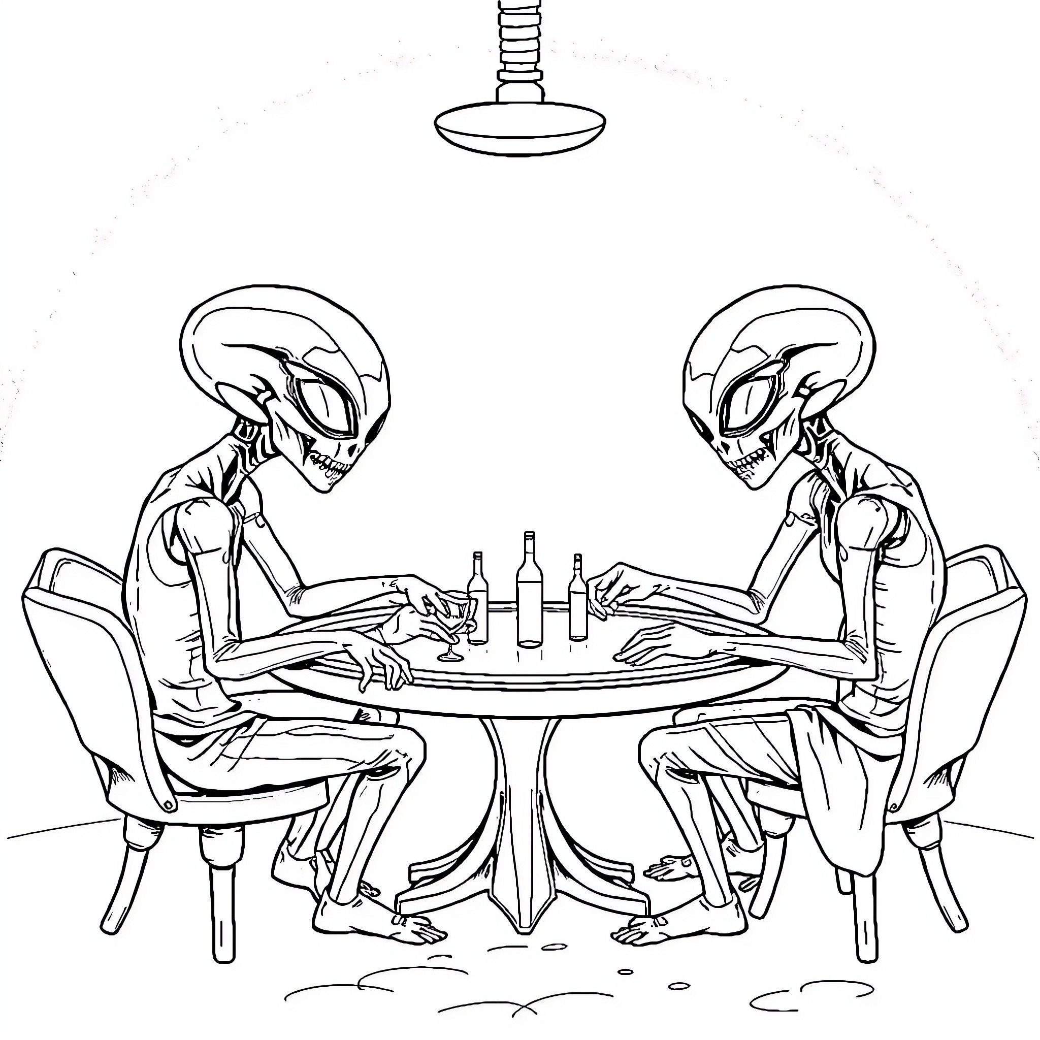 Alien Companions Engaging in Casual Conversation Coloring Page (free black-and-white line drawing printable PDF for all, from beginners to advanced learners, including children, teens, adults, and seniors)