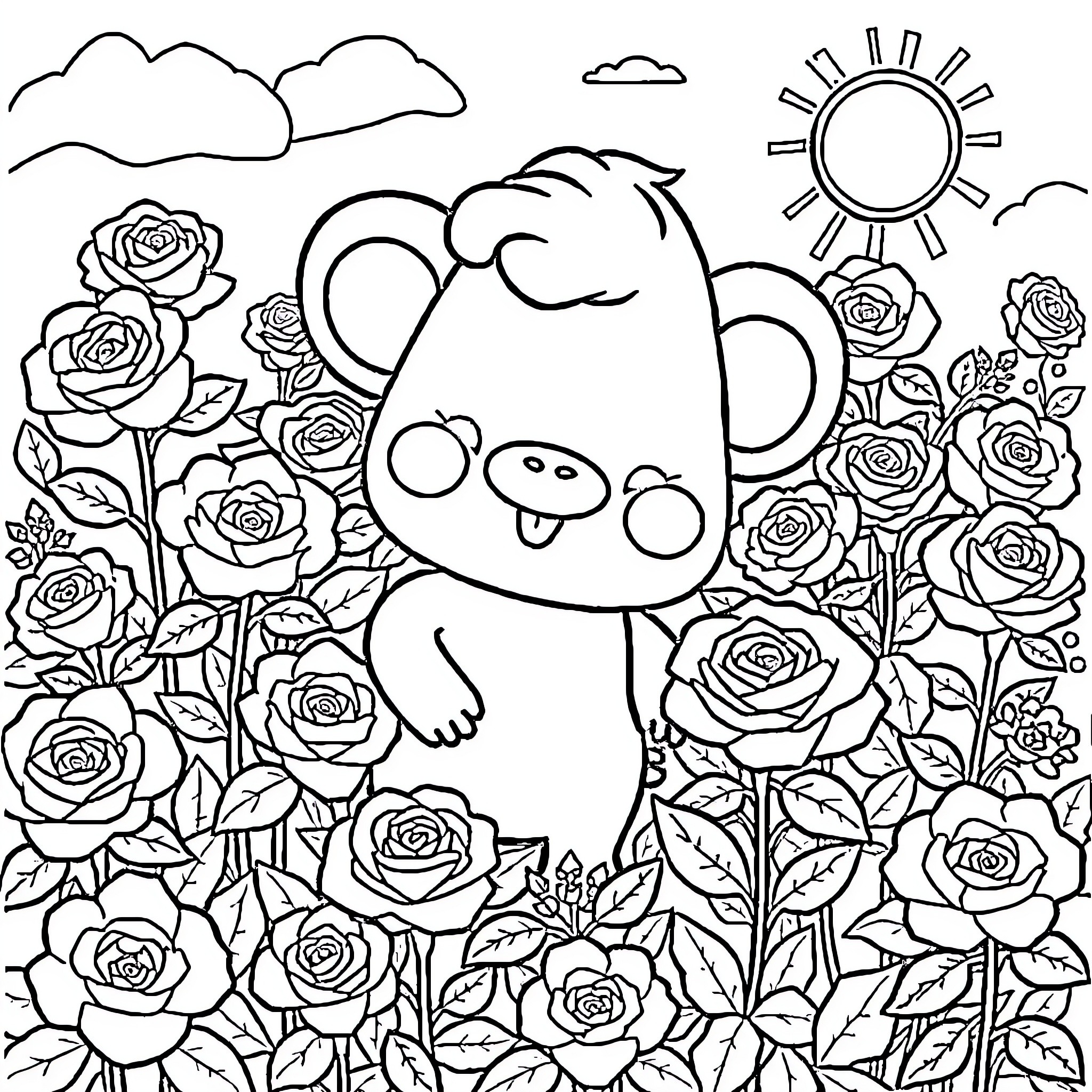 Labubu playing happily among blooming roses Coloring Page (free black-and-white line drawing printable PDF for all, from beginners to advanced learners, including children, teens, adults, and seniors)