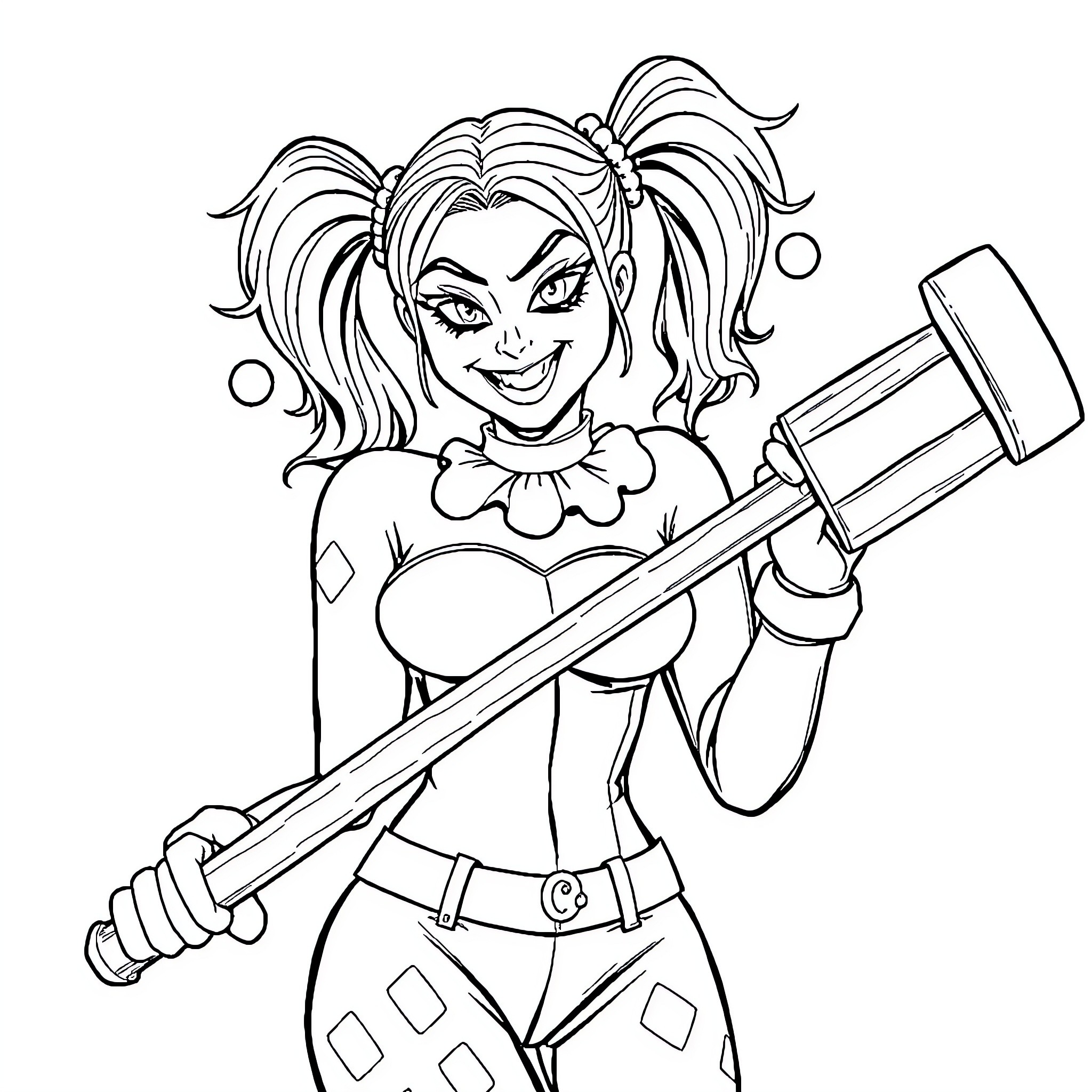 Harley Quinn wielding a large mallet with a mischievous expression Coloring Page (free black-and-white line drawing printable PDF for all, from beginners to advanced learners, including children, teens, adults, and seniors)