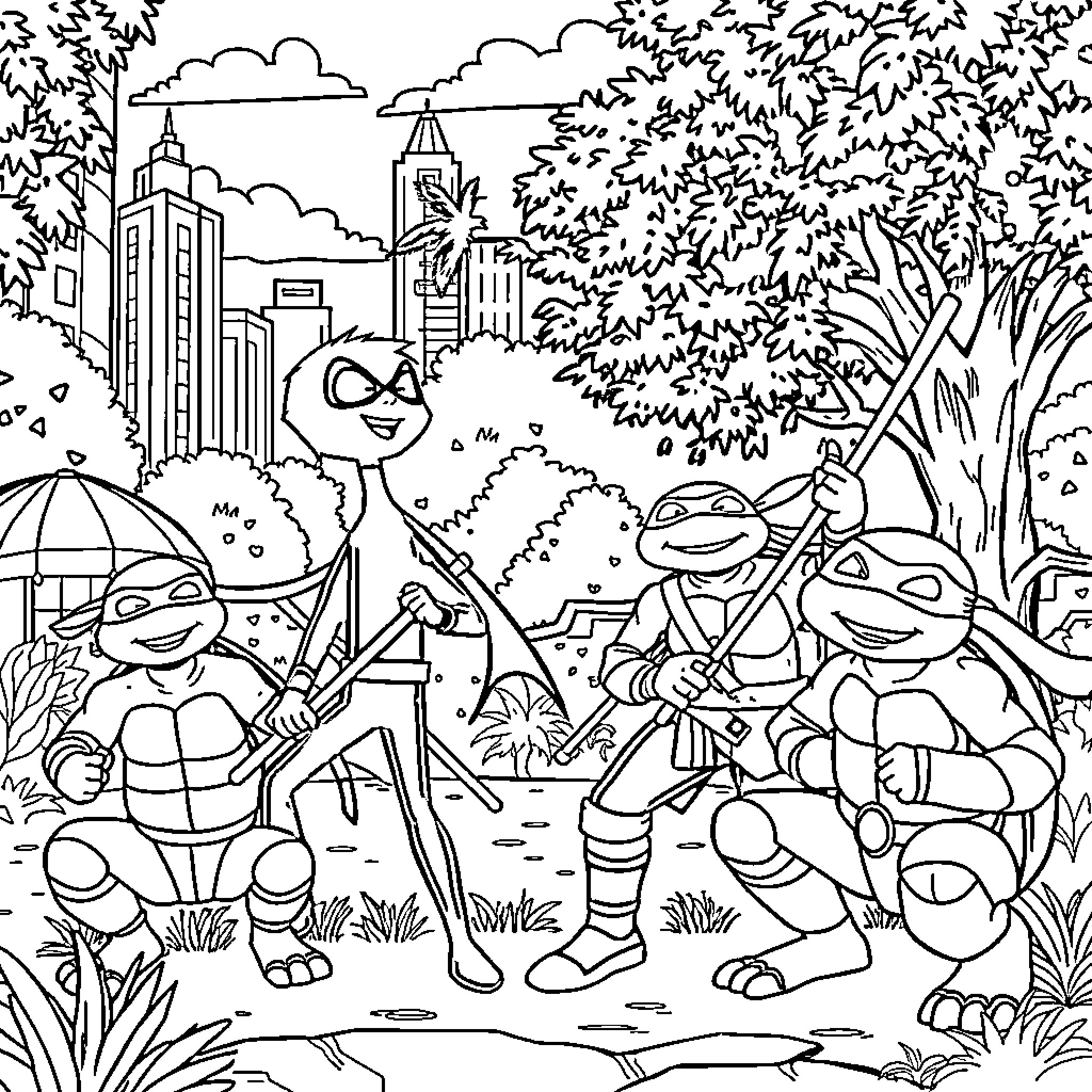 Danny Phantom and Ninja Turtles explore the city park Coloring Page (free black-and-white line drawing printable PDF for all, from beginners to advanced learners, including children, teens, adults, and seniors)