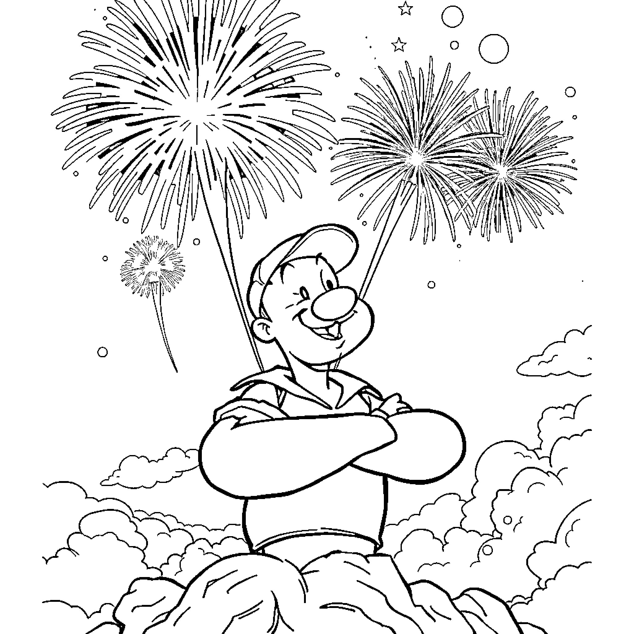 Popeye Enjoys Fireworks Display in the Sky Coloring Page (free black-and-white line drawing printable PDF for all, from beginners to advanced learners, including children, teens, adults, and seniors)