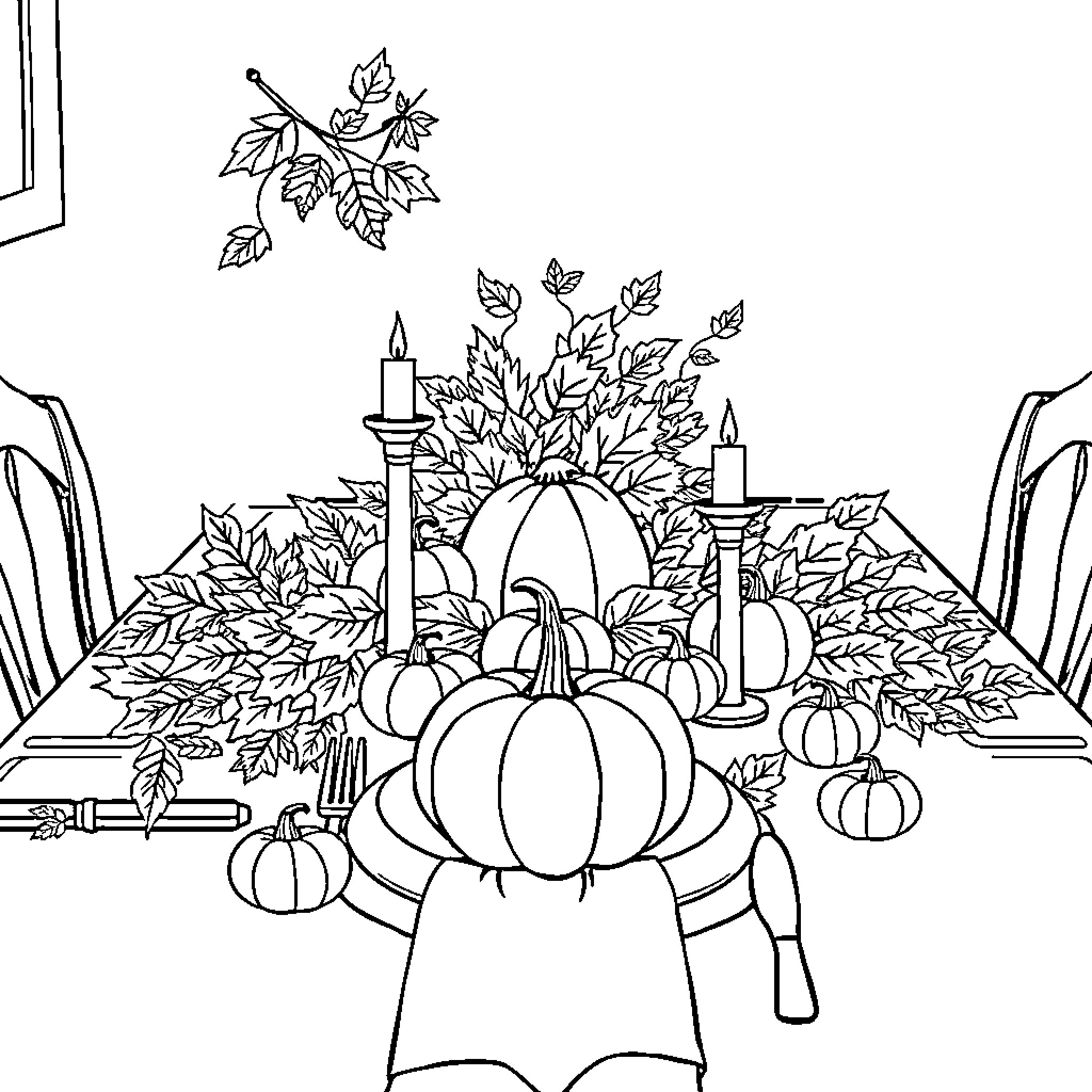 Thanksgiving Feast with Autumn Decor and Pumpkins Coloring Page (free black-and-white line drawing printable PDF for all, from beginners to advanced learners, including children, teens, adults, and seniors)