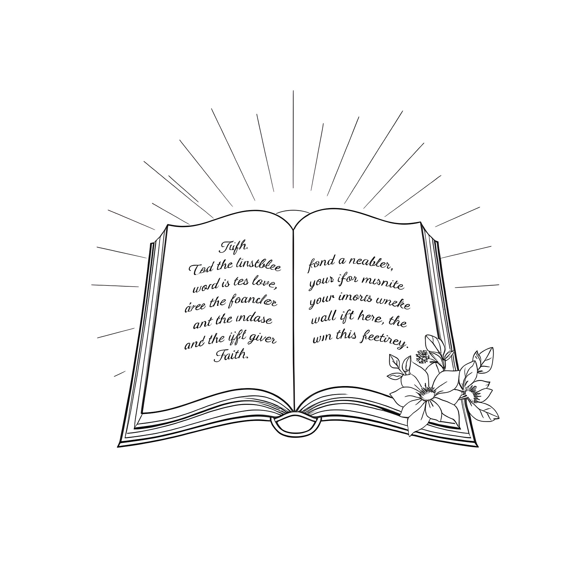 Bible Verse: Open Holy Book with Inspirational Text Coloring Page (free black-and-white line drawing printable PDF for all, from beginners to advanced learners, including children, teens, adults, and seniors)