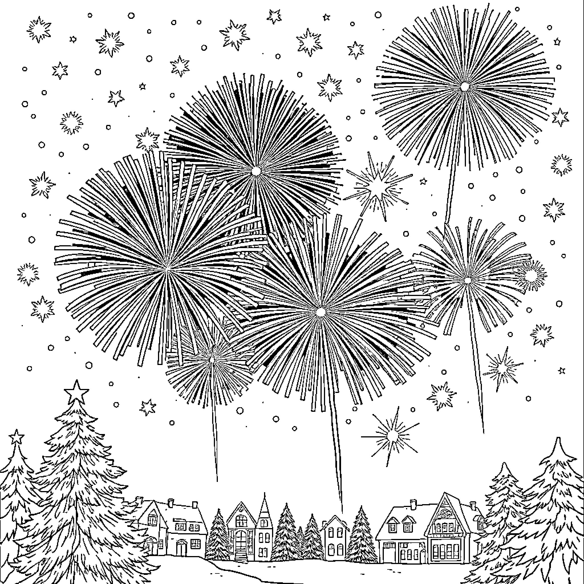 Firework Celebration over Snowy Winter Town Coloring Page (free black-and-white line drawing printable PDF for all, from beginners to advanced learners, including children, teens, adults, and seniors)