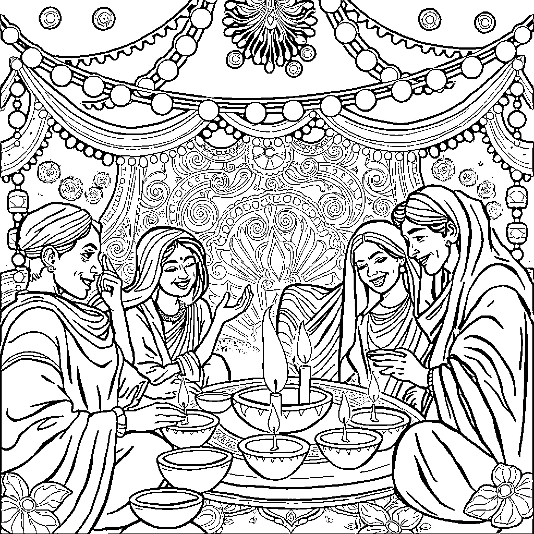 Diwali celebration with people gathered and sharing meal Coloring Page (free black-and-white line drawing printable PDF for all, from beginners to advanced learners, including children, teens, adults, and seniors)