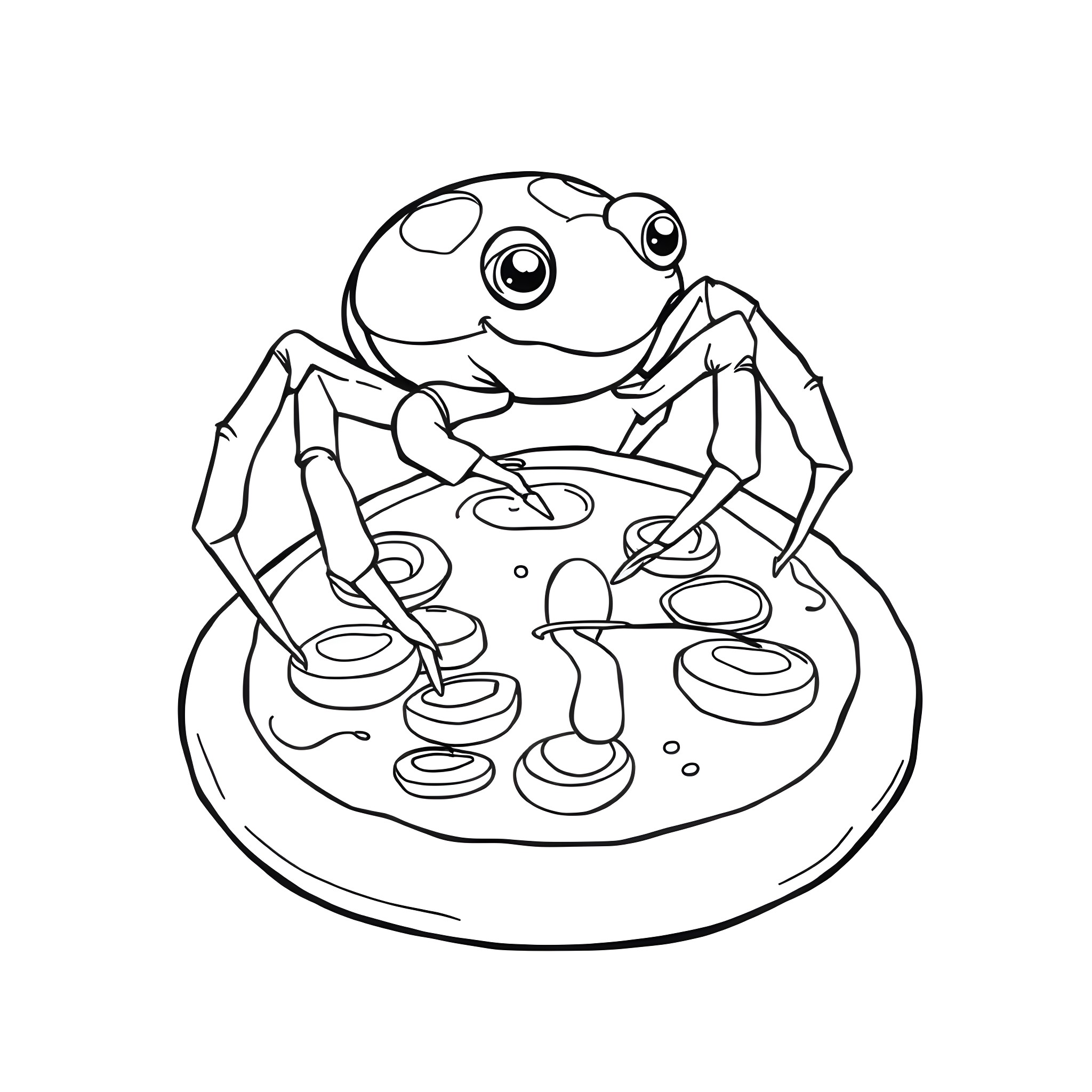 Spider enjoying a delicious meal on a plate Coloring Page (free black-and-white line drawing printable PDF for all, from beginners to advanced learners, including children, teens, adults, and seniors)