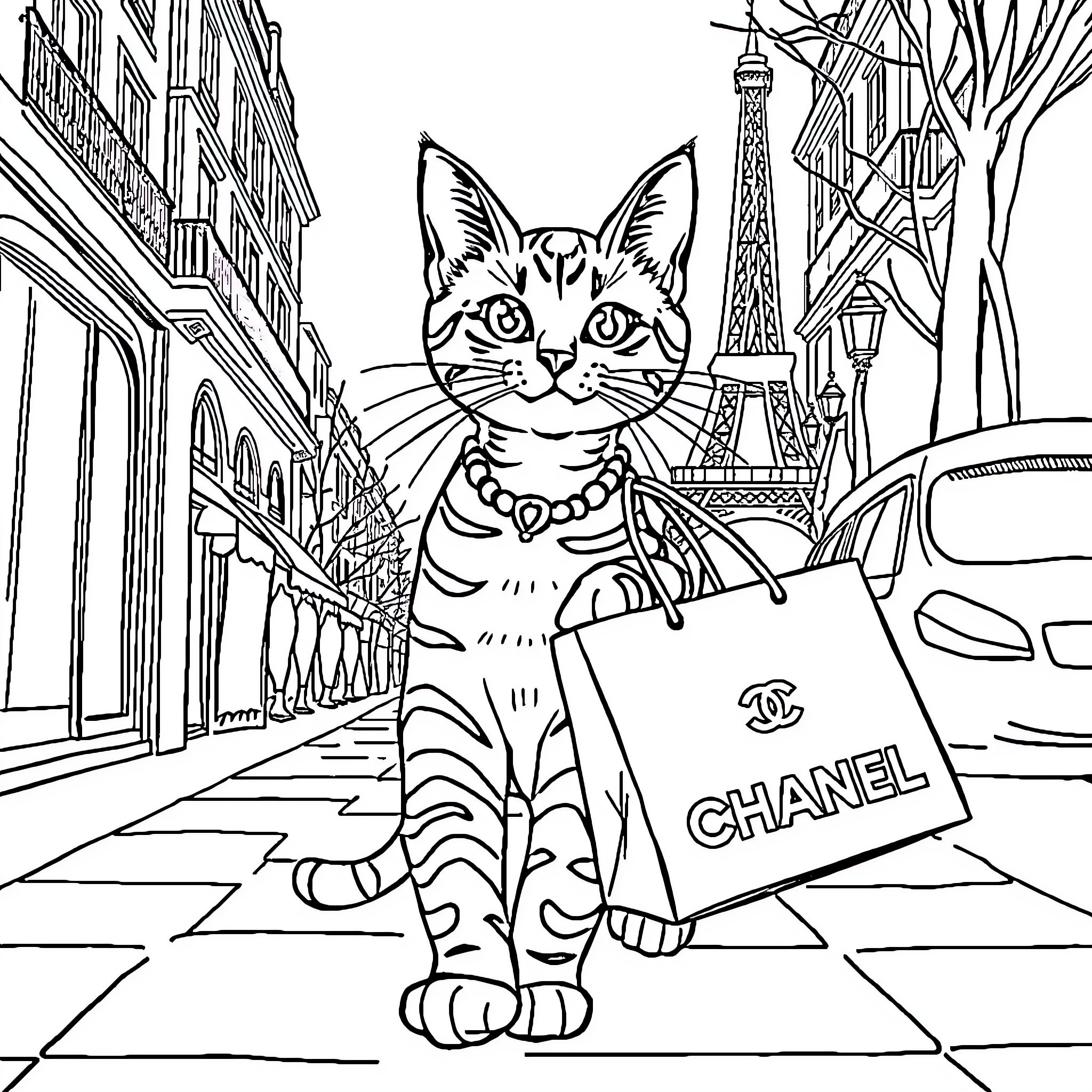 Bengal Cat Exploring Parisian Streets Coloring Page (free black-and-white line drawing printable PDF for all, from beginners to advanced learners, including children, teens, adults, and seniors)