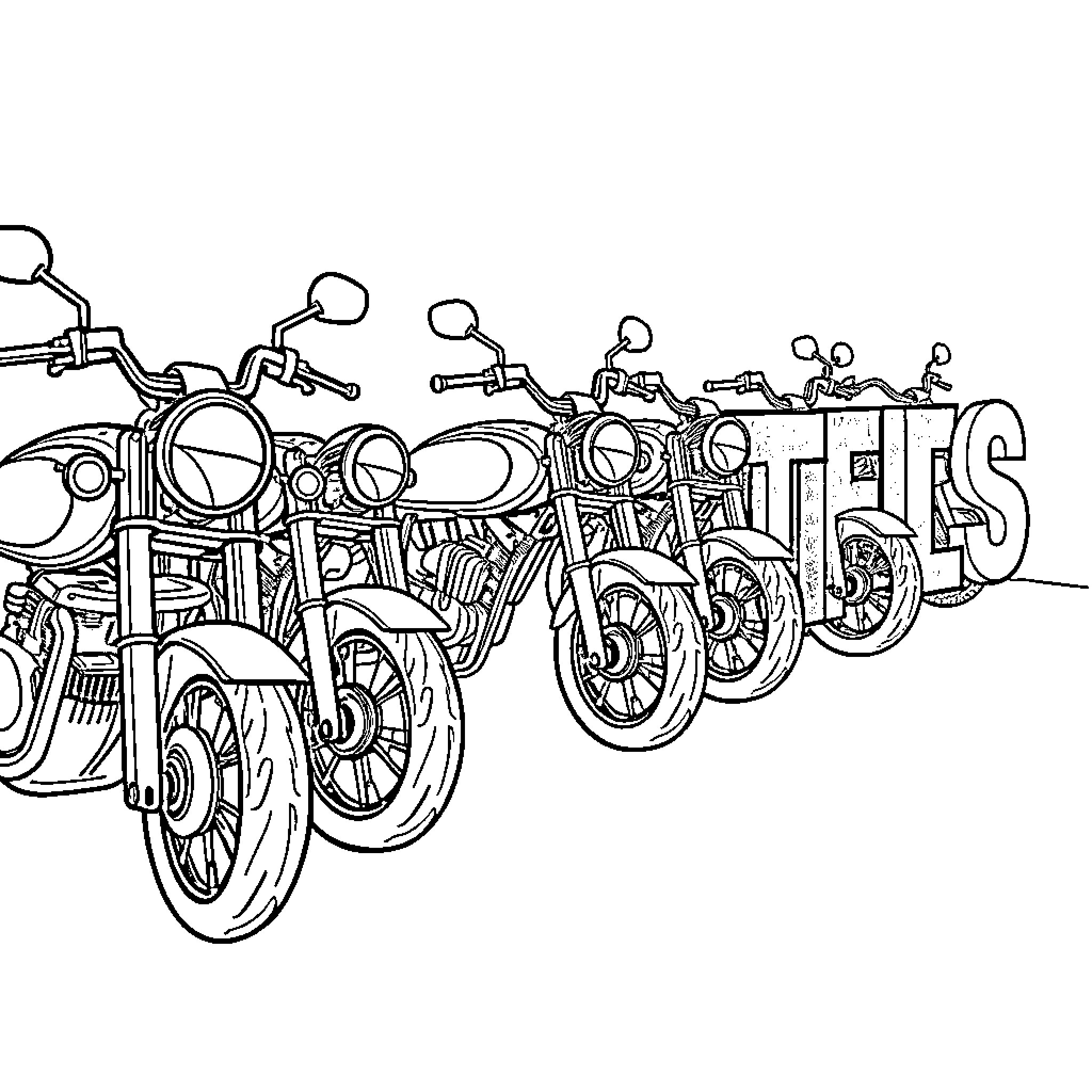 Alphabet Motorcycles Parked in a Row Coloring Page (free black-and-white line drawing printable PDF for all, from beginners to advanced learners, including children, teens, adults, and seniors)